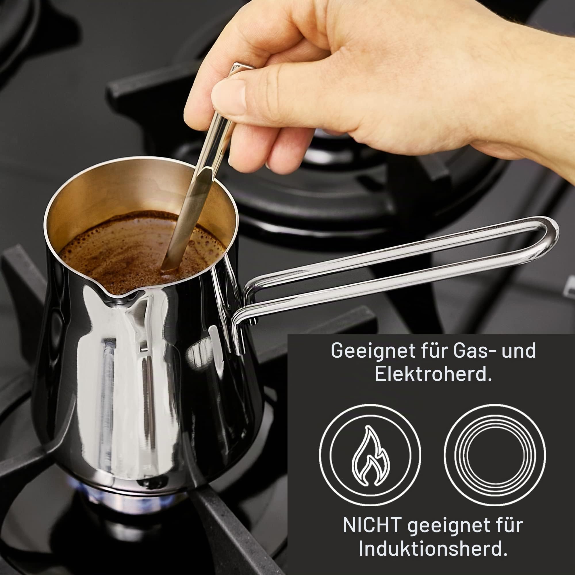 CRYSTALIA Premium Qualitat Türkische Kaffeekanne, 425ml 18/10 Edelstahl Cezve, Herdplatte Mokkakanne, Milchkanne, Griechisch Arabische Kaffeekanne Türkischer Kaffeekocher, Mocha Pot Turkish Coffee Pot