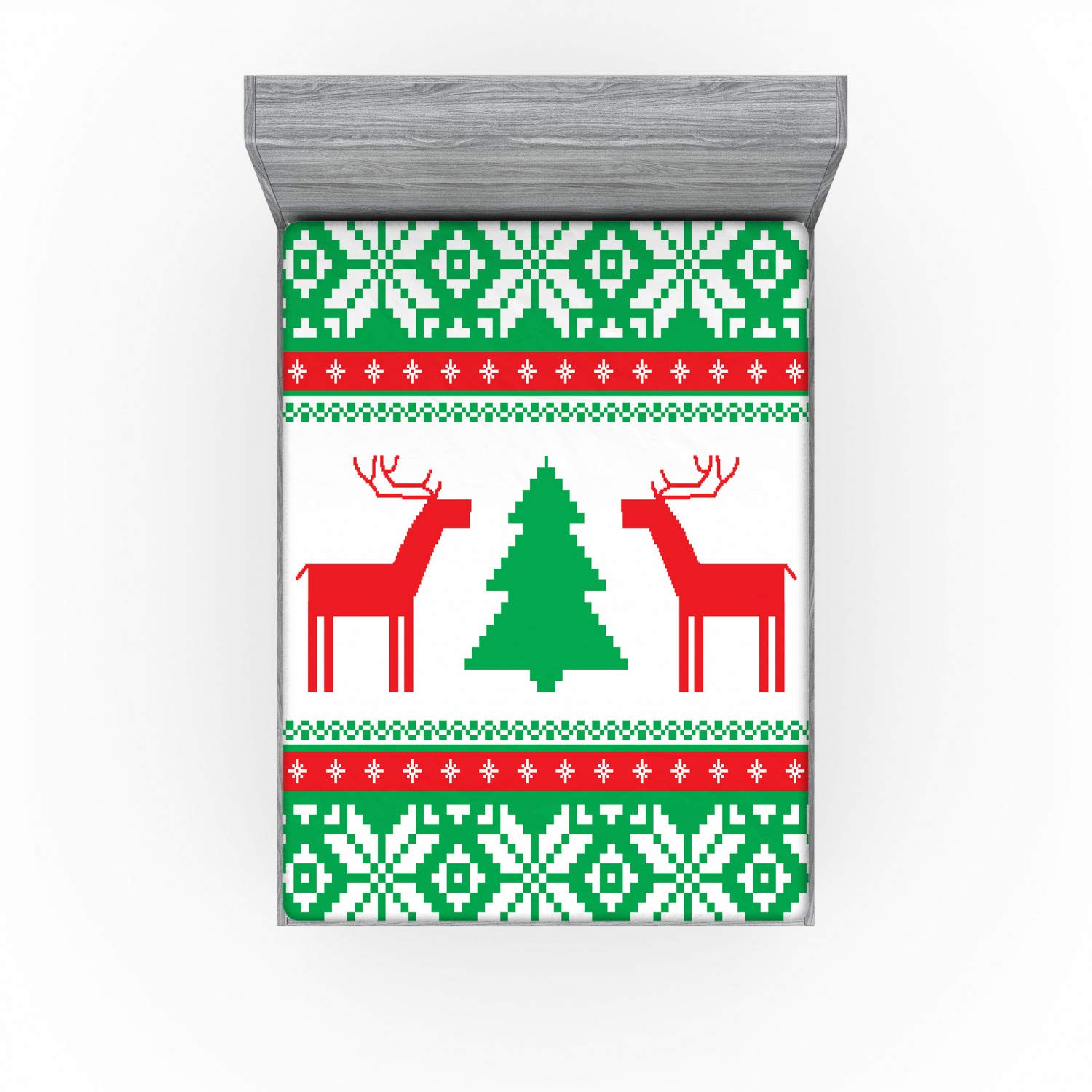 Ambesonne Christmas Fitted Sheet, Knit Style Graphic Reindeer Star and Snowflake Holiday Family Theme, Soft Decorative Fabric Bedding All-Round Elastic Pocket, Full Size, White Green