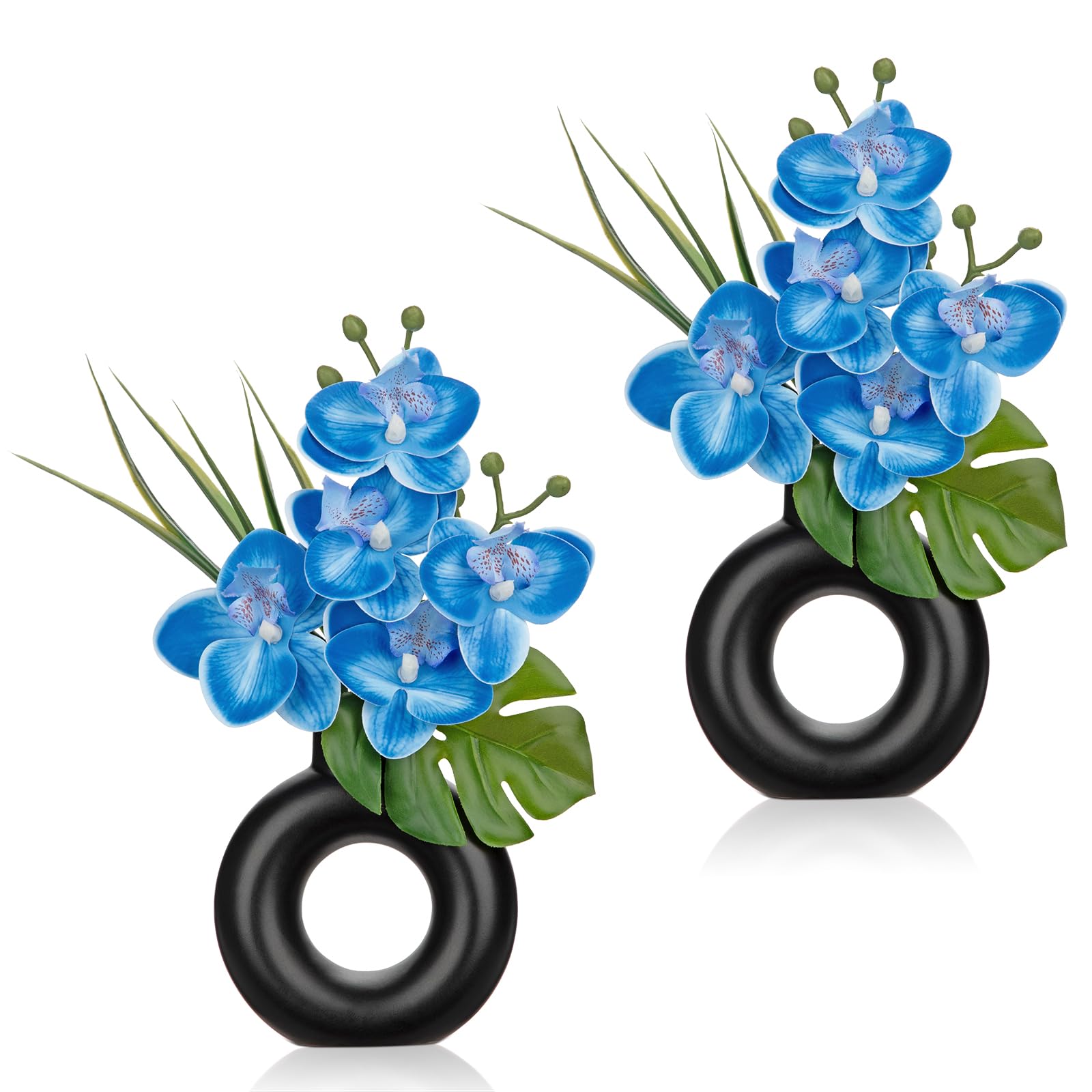 Oairse 2PCS Small Blue Orchid Artificial Flowers in Black Ceramic Pot Silk Flower Floral Arrangement Fake Orchid Plant for Home Office Dining Room Shelf Table Centerpiece Decoration