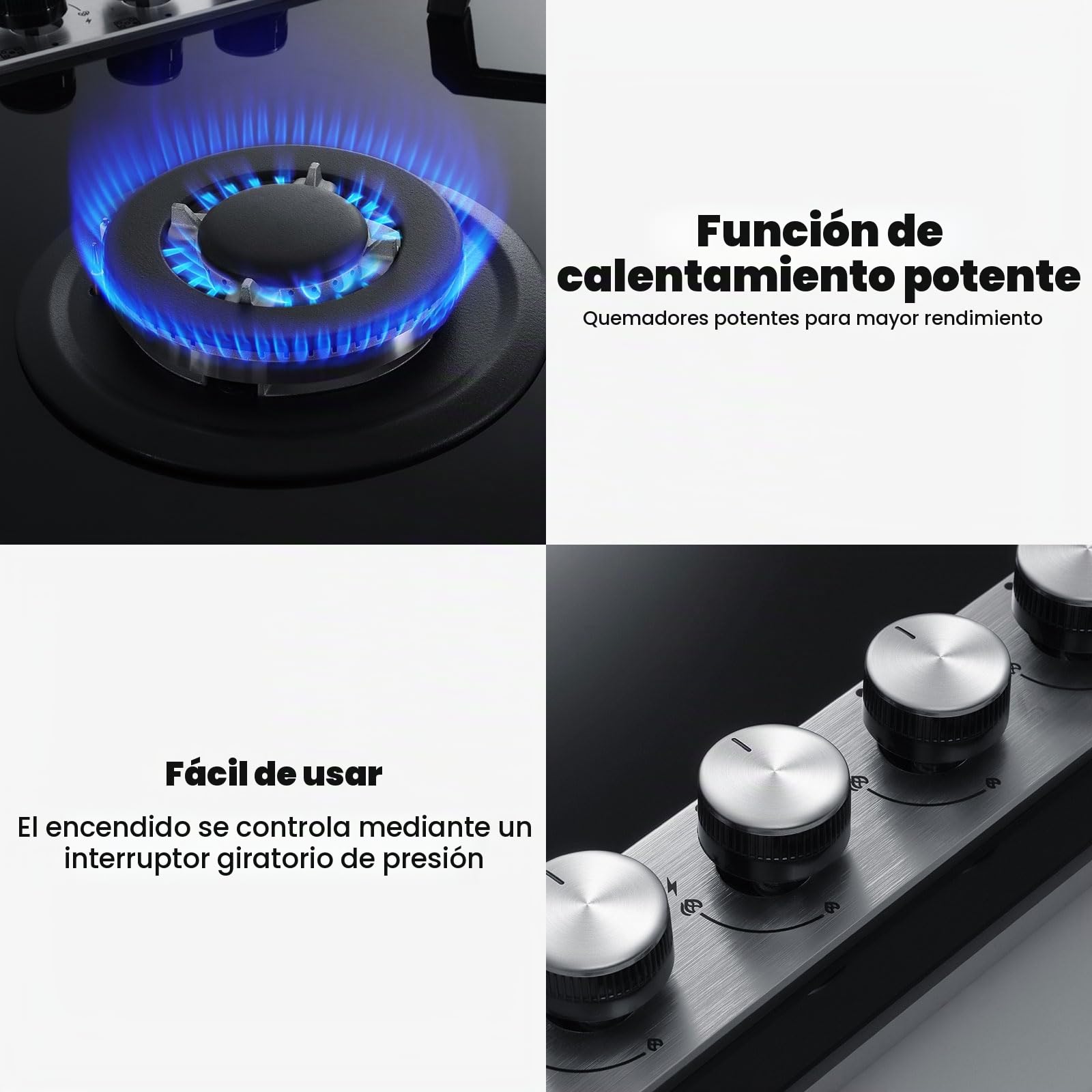 GASLAND GH6805BG1FC Cocina de Gas Butano, Encimera de Cristal Con 5 Fogones y Quemador Wok, Placa Empotrable Negra de 76 cm, 10,4 KW