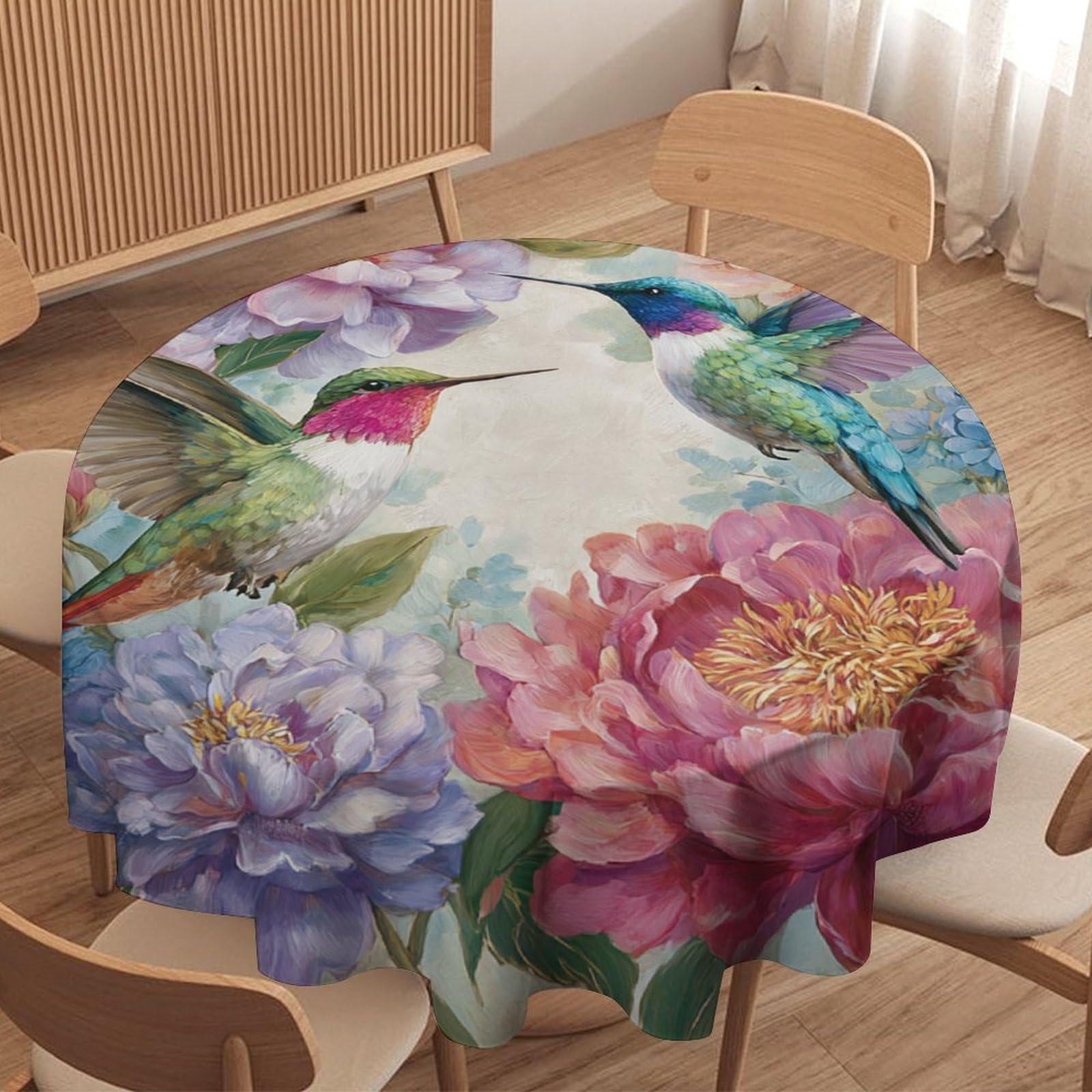 LUYYSKY Colorful Abstract Hummingbirds Round Tablecloth Rustic Watercolor Spring Garden Flowers Birds Hummingbirds Washable Decor for Table Cover for Kitchen-177.8" Wx177.8 L cm