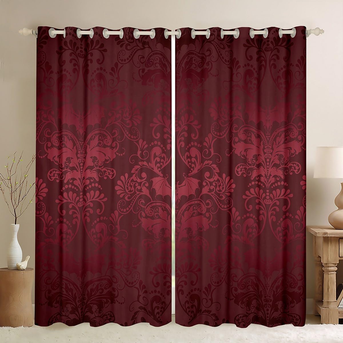 Homewish 30%-50% Blackout Curtains, Antique Victorian 2 Panels 46" Wx54 L, Vintage Floral Goth Drapes for Bedroom, Bats Sugar Skull Boho Baroque Decor, Red Violet