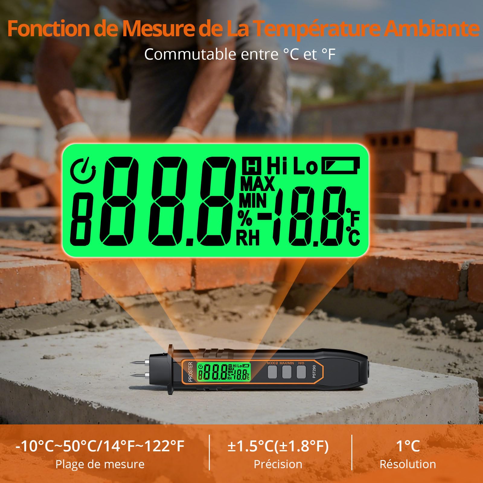 Proster Testeur Humidité Portable - Stylo Humidimètre Haute Précision 2 Modes 7 Échelles Calibration Température Bois Béton Mur
