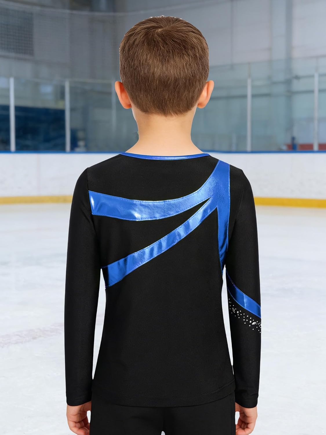 YiZYiF Sparkly Active Tees for BoysLatin Dancing Clothes Gymnastics Figure Skating Tops Long Sleeve Dance Shirts
