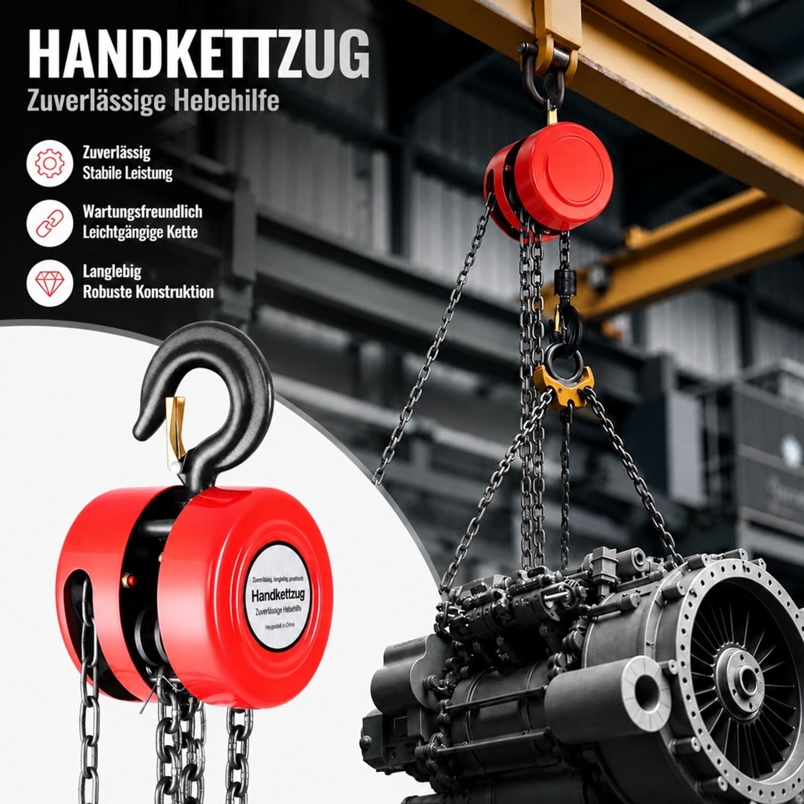 Handkettenzug 1 t rot für Garage Werkstatt Lager