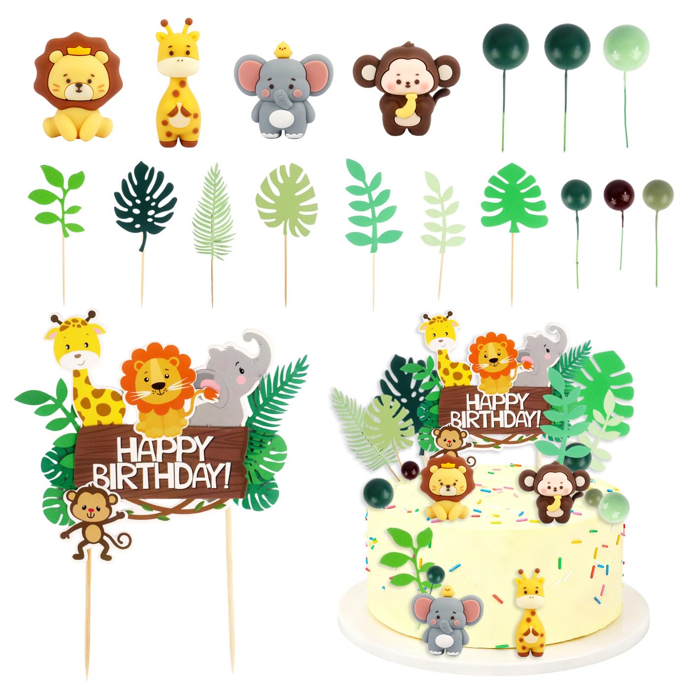 Wznnlt 18 PCS Safari Animal Cake Toppers Animals Happy Birthday Cake Toppers Cake Decorations with Elephant Lion King Wild One Topper for Kids Birthday Shower Party Supplies