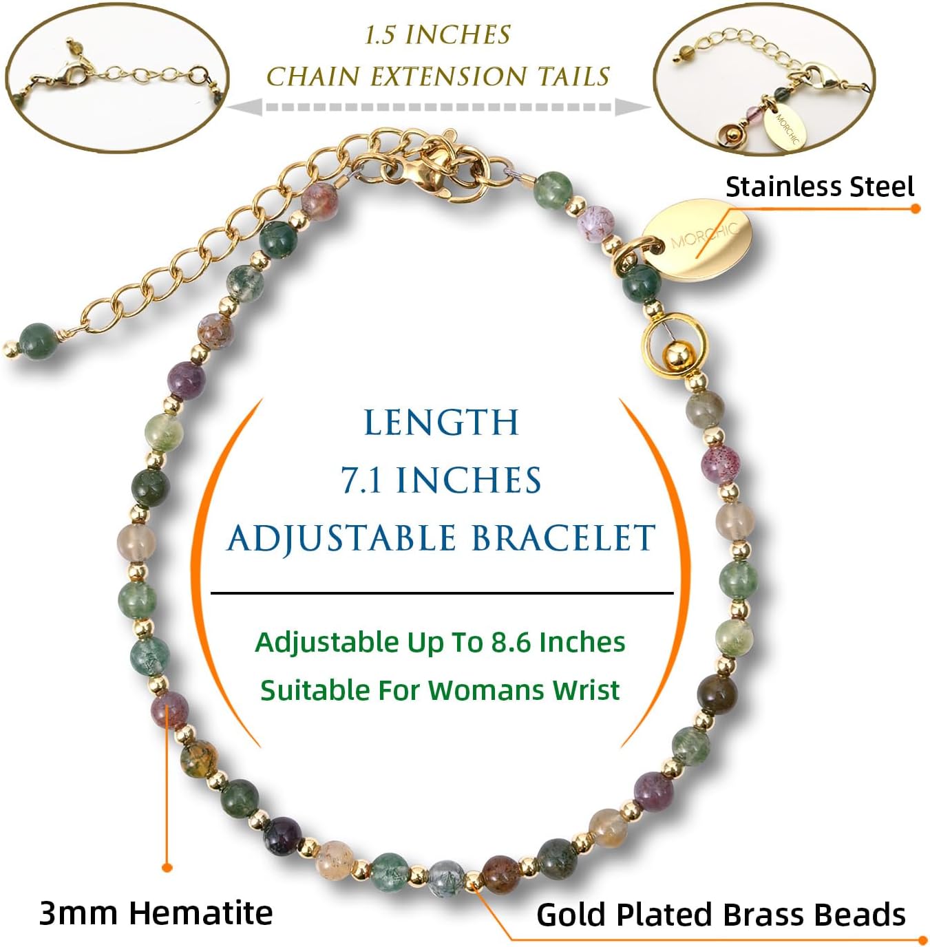 Morchic 3mm Natural Gemstone Beaded Bracelet for Women, Dainty Tiny Charm Jewelry, Adjustable 7.1-8.6" Ideal Birthday Holiday Gift