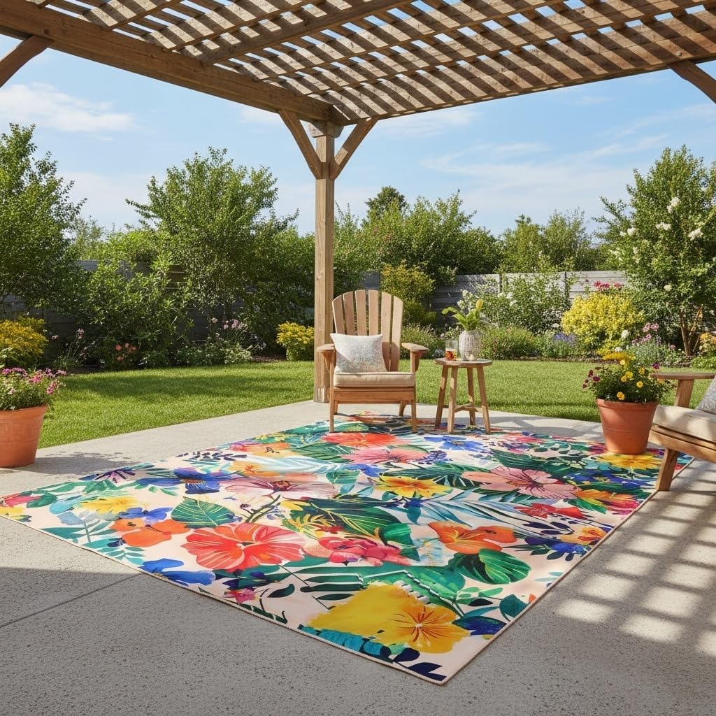 Tropical Boho Plants Flowers Print Outdoor Rug for Deck Patio Balcony Garden Waterproof Pink Blue Green Multi Botanical Floral Outside Carpet Large Thin Washable Foldable Camping Backyard Rugs 5x8