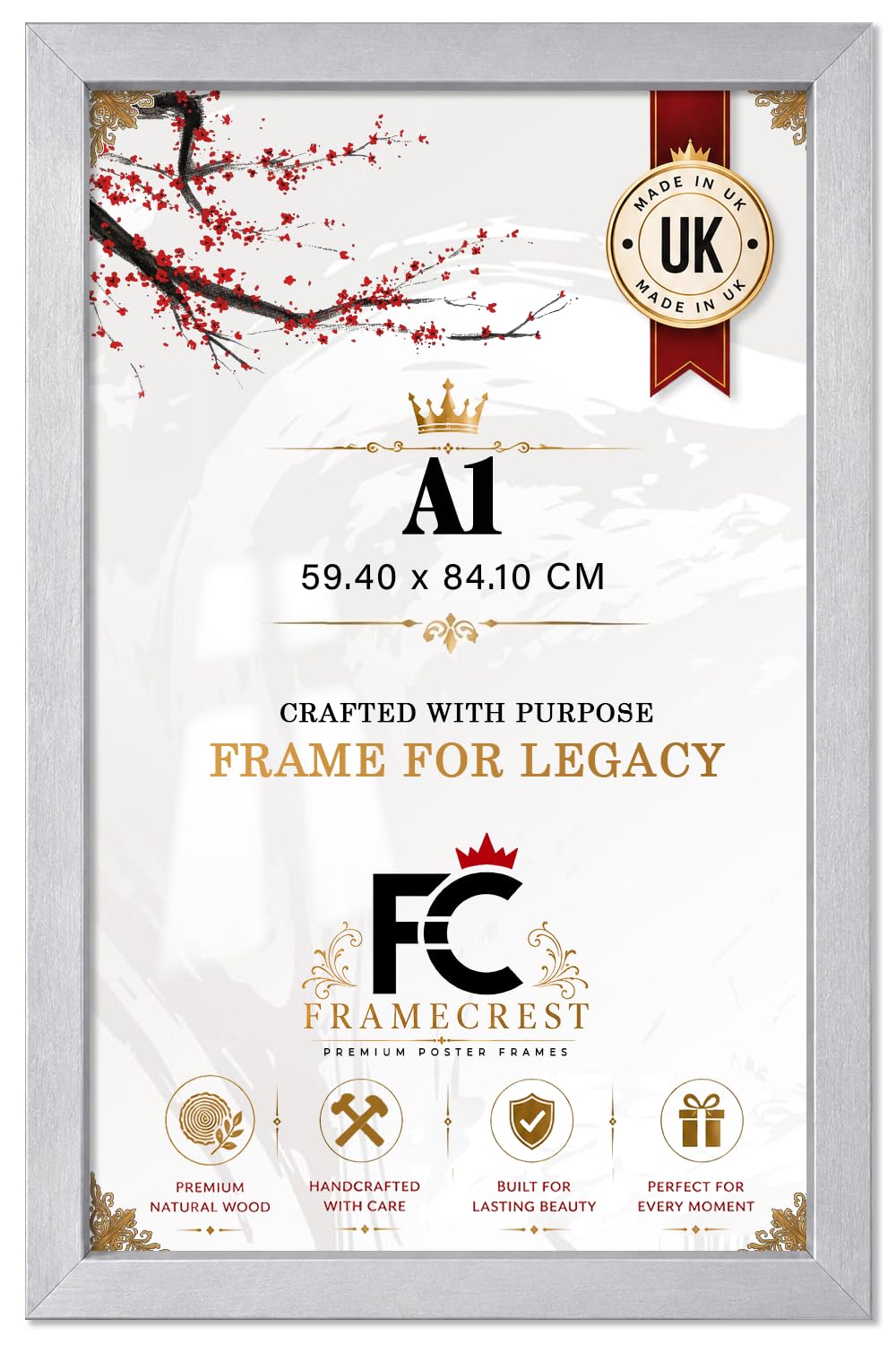 FRAMECREST LTD — Rectangle Engineered Wood Finish A1 (59.40 X 84.10 CM) Poster Frame | Wall Decor Display For Home And Room Interior 33 X 23 Inch Silver Slim Profile Glass Front With Wall Hangers