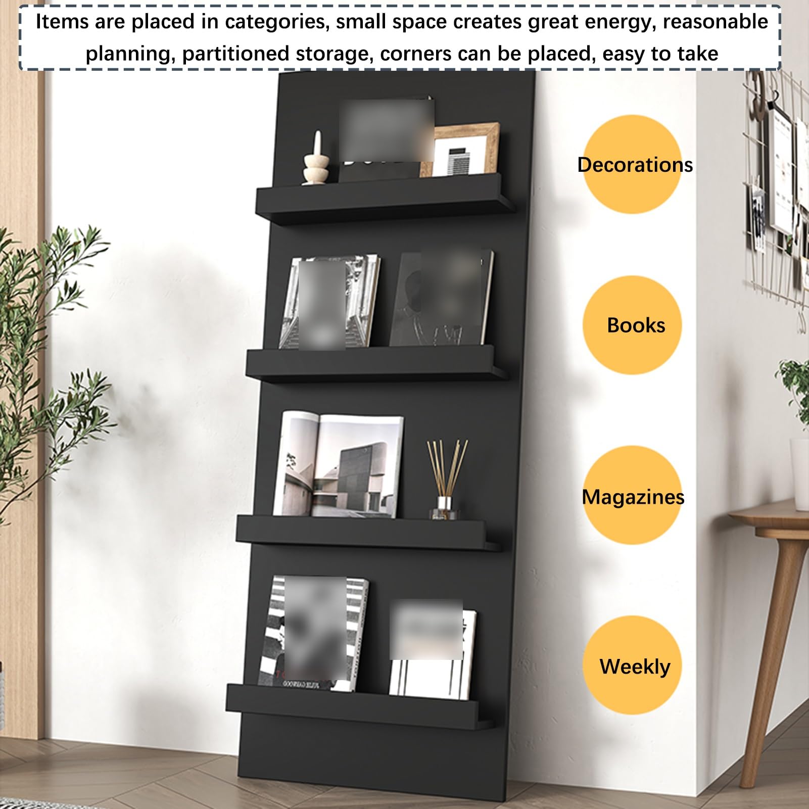 Revistero Independiente, Estantería De Madera, Organizador De Almacenamiento Para Pared, Portaperiódicos, Archivadores, Entrada De Oficina, Sala De Estar, Estudio(Black,24.80x62.99in/63x160CM)