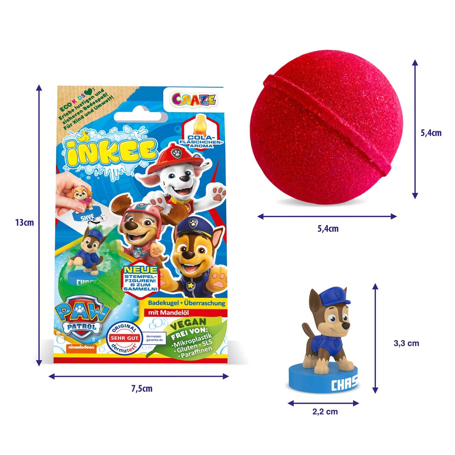 INKEE PAT PATROUILLE - Pack de 3 Bombes de bain enfant, 3x Boules de bain avec jouet Pat patrouille à l'intérieur, arôme Cola, 3x 80g