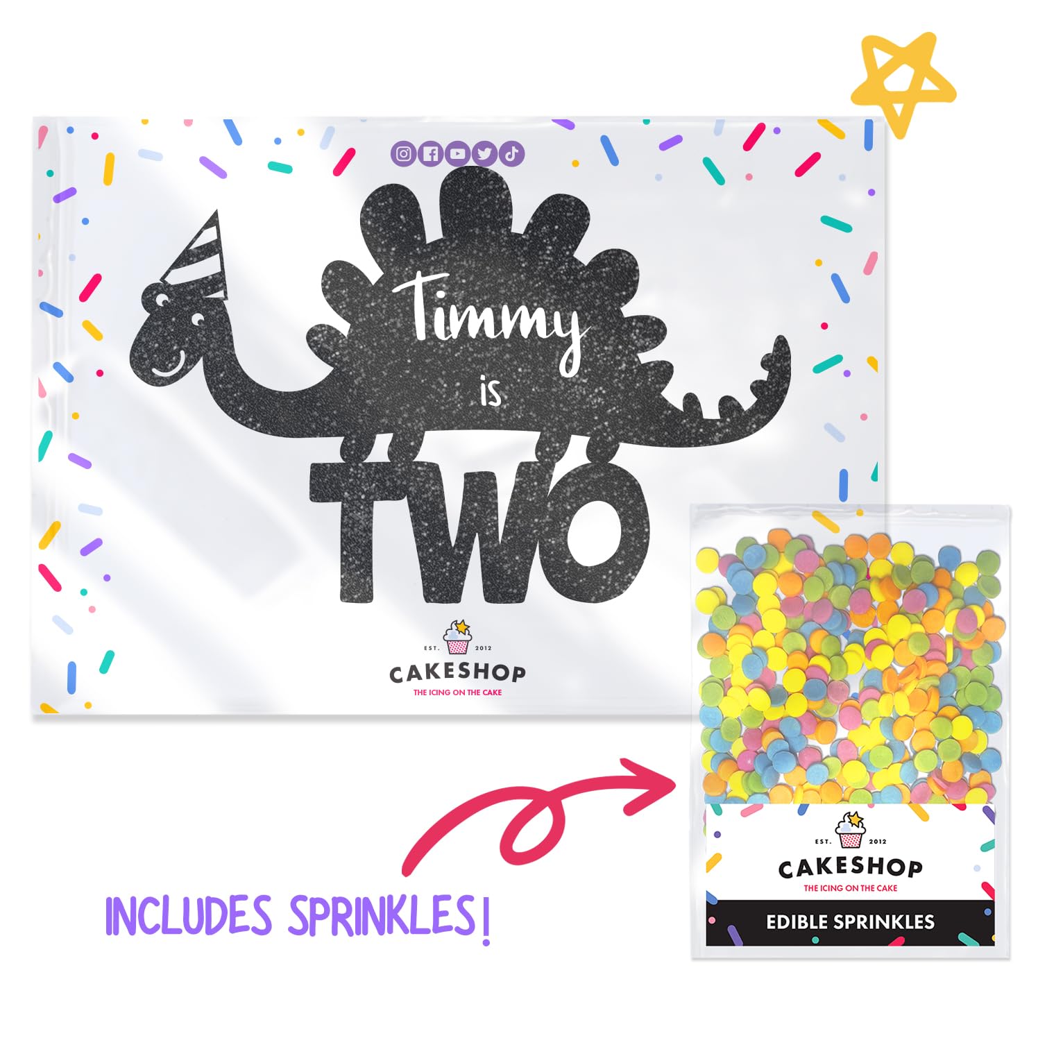 Personalised Birthday Dinosaur Glitter Cake Topper- Black Any Name & Age Glitter Cake Decoration and Sprinkles - Image 2