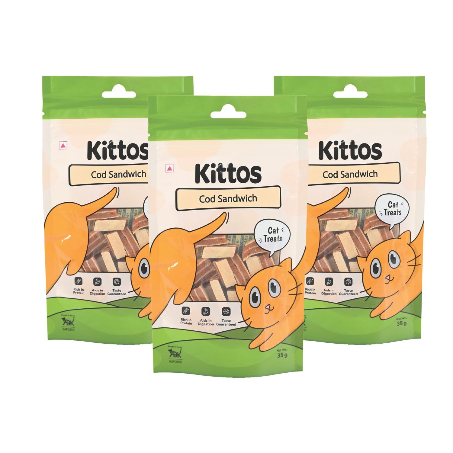 Kittos Cod Sandwich Cat Treats Pack of 3 – Training & Reward Snacks | Protein-Rich & Digestible Fish Treats for Cats & Kittens | Healthy Cod Bites, 35g Each