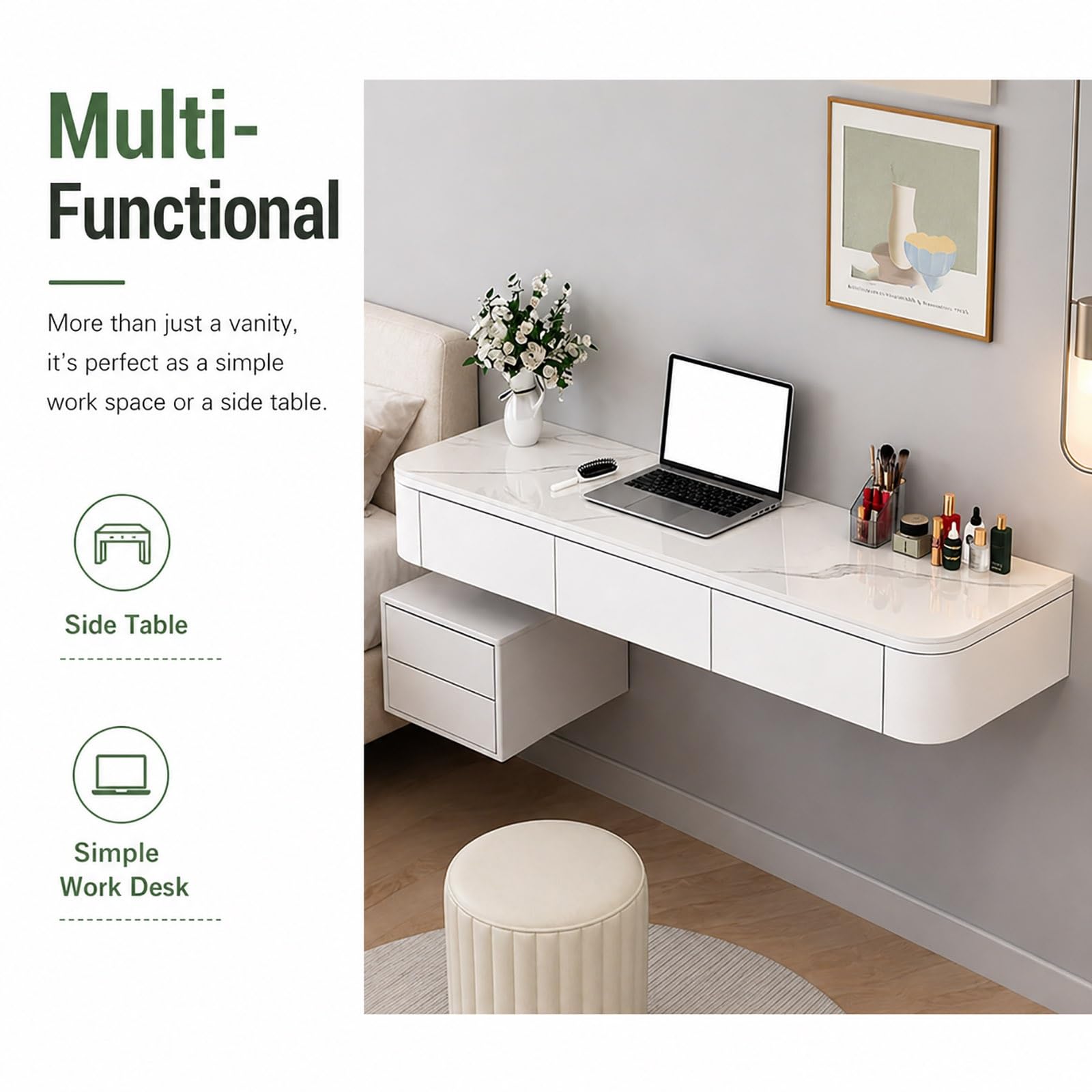 Vani-Schreibtisch zur Wandmontage, mit Ders, moderner, platzsparender Schminktisch für Schlafzimmer und Schrank, komplett montiert, schwarzer Make-up-Tisch (60 cm)