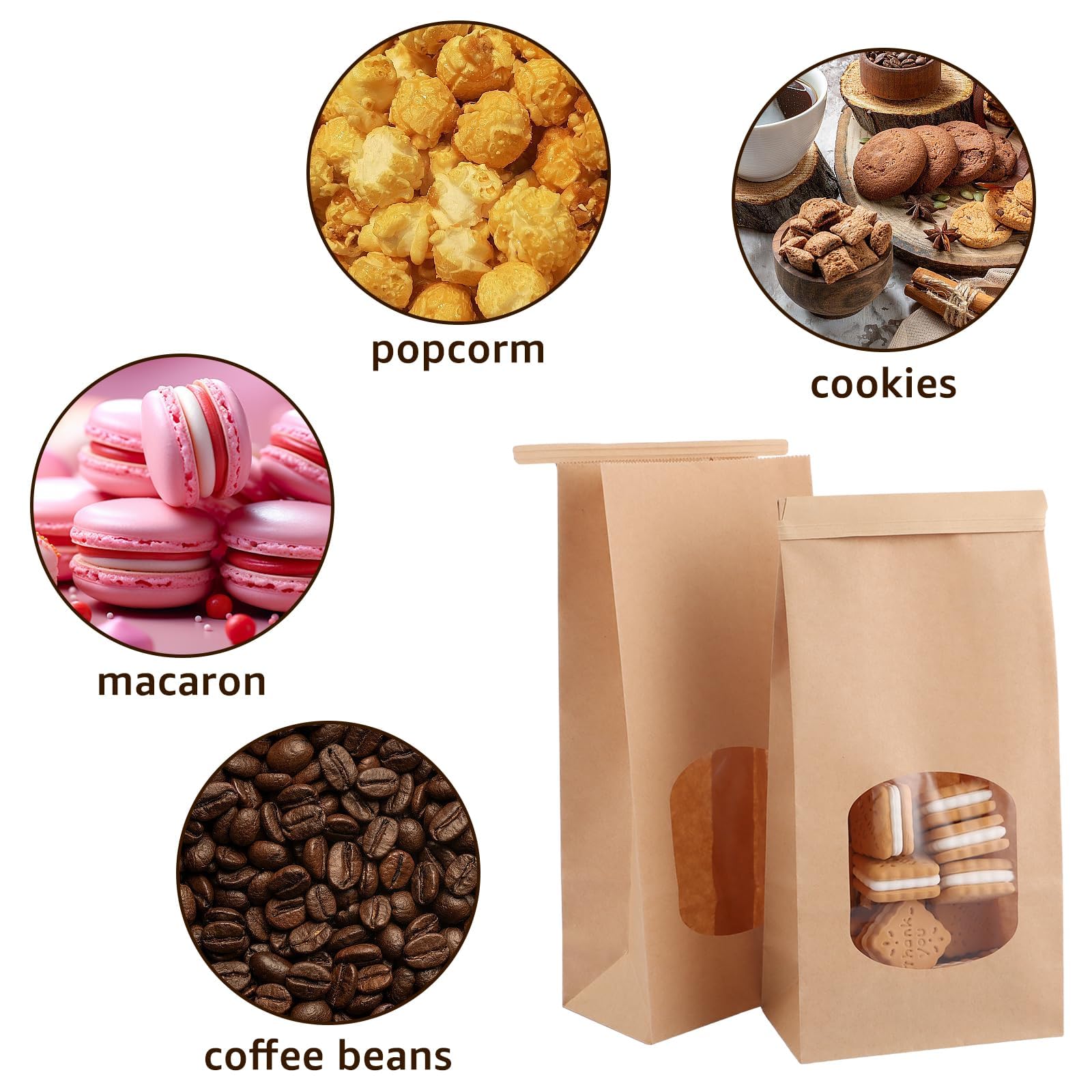 YAYODS 100 sacchetti di carta con finestra, 24 x 12 x 6,5 cm, sacchetti di carta kraft piccoli, sacchetti di carta marrone con chiusura, per biscotti, toast, panini, caramelle, chicchi di caffè