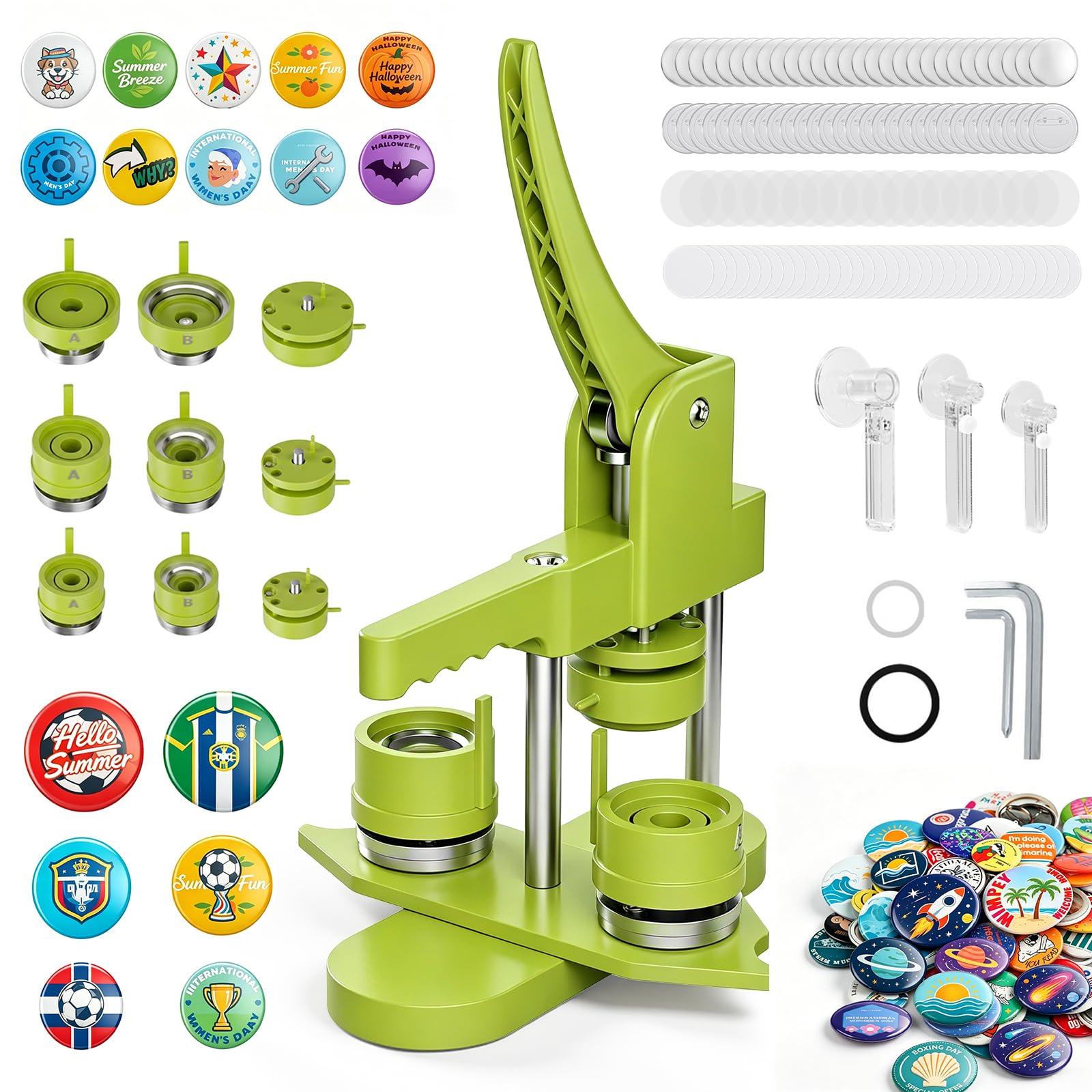 Macchina per badge Button Maker 25 + 32 + 58 mm, 300 set di spilli in metallo, con stampe, rondella in plastica e taglierina per carta rotonda (verde)