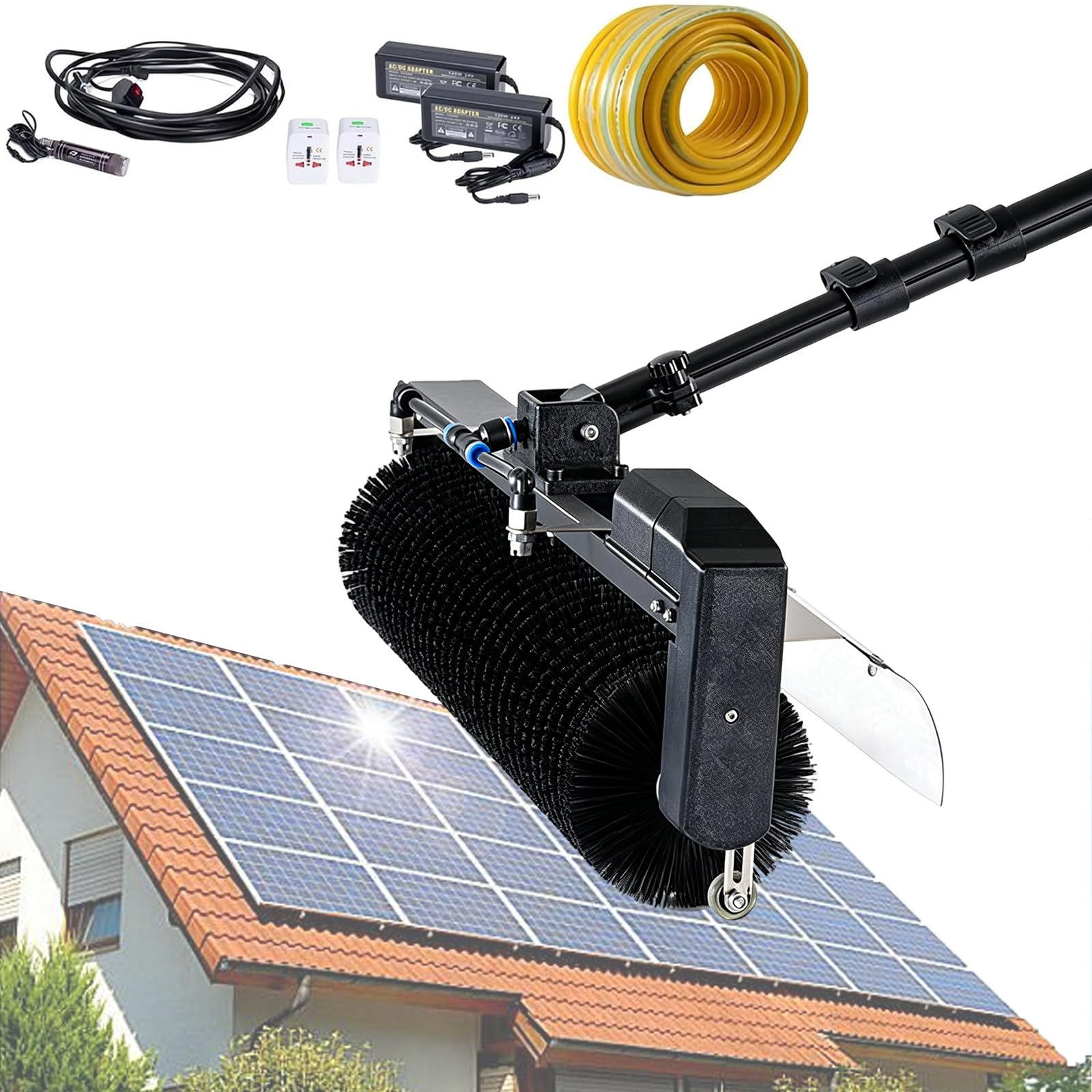 RUODATONLY Solar Panel Cleaning Kit, Automatic Rotary Cleaning Brush, Solar Panel/Roof Water Brush, Special Roof Water Brush with Adjustable Extension Rod with two Power Converter 5.5m/18ft