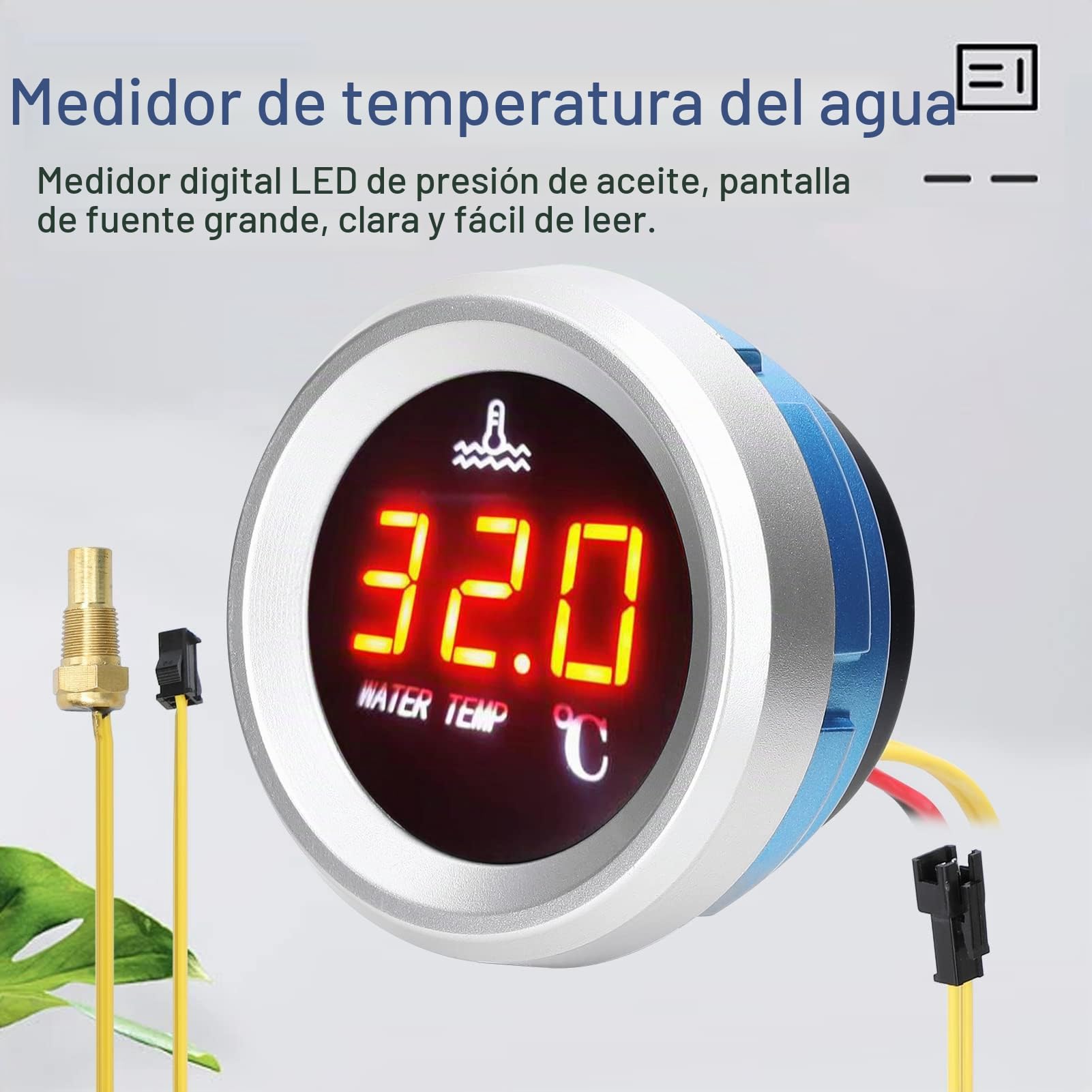 9-36V Medidor de Temperatura del Agua de 52mm,medidor Digital de Coche,Pantalla LED de con función de Alarma de Sensor de Temperatura