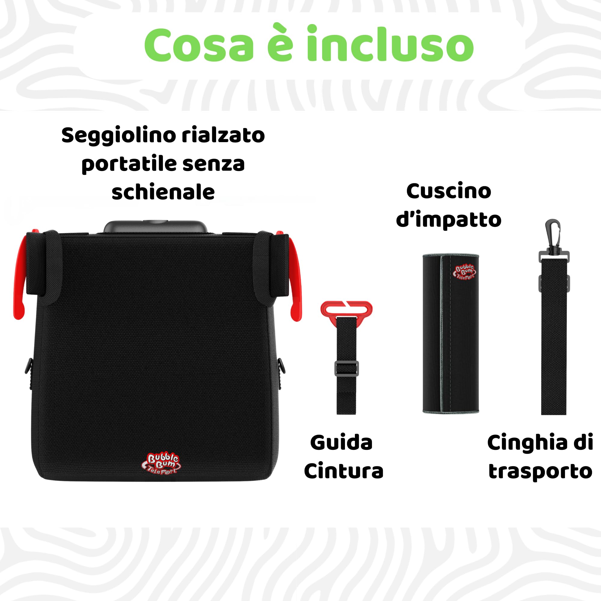 BubbleBum Teleport, rialzo per auto con schienale scoperto, telescopico portatile, ideale per l'uso quotidiano e pieghevole per viaggi, certificato R129, altezza da 125 cm a 150 cm, nero