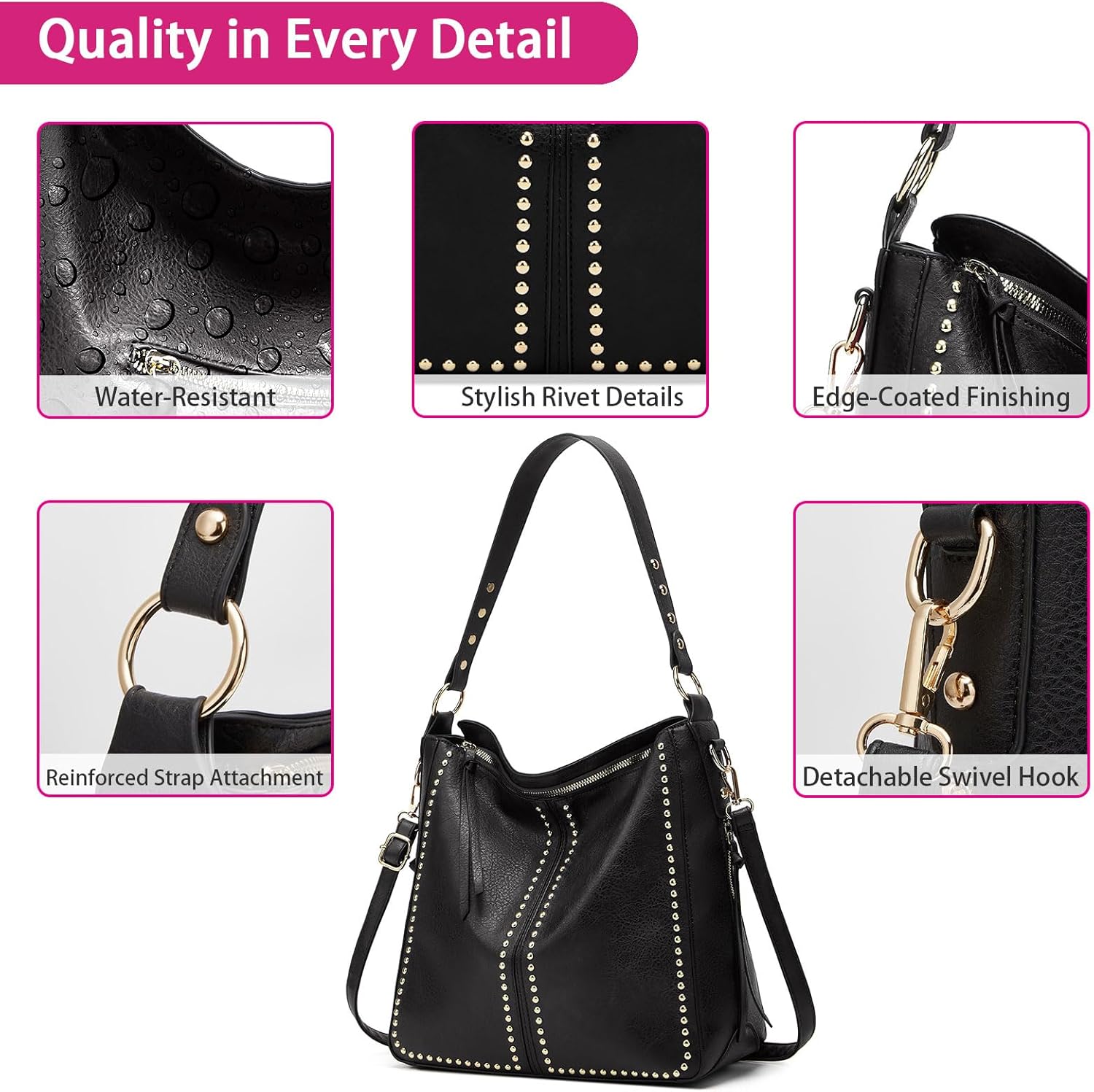 Roomy Hobo Tote Bag for Women, Studded Shoulder Handbag, 2-Piece Set with wallet, Crossbody Purse with Wide Boho Guitar Strap - Image 6