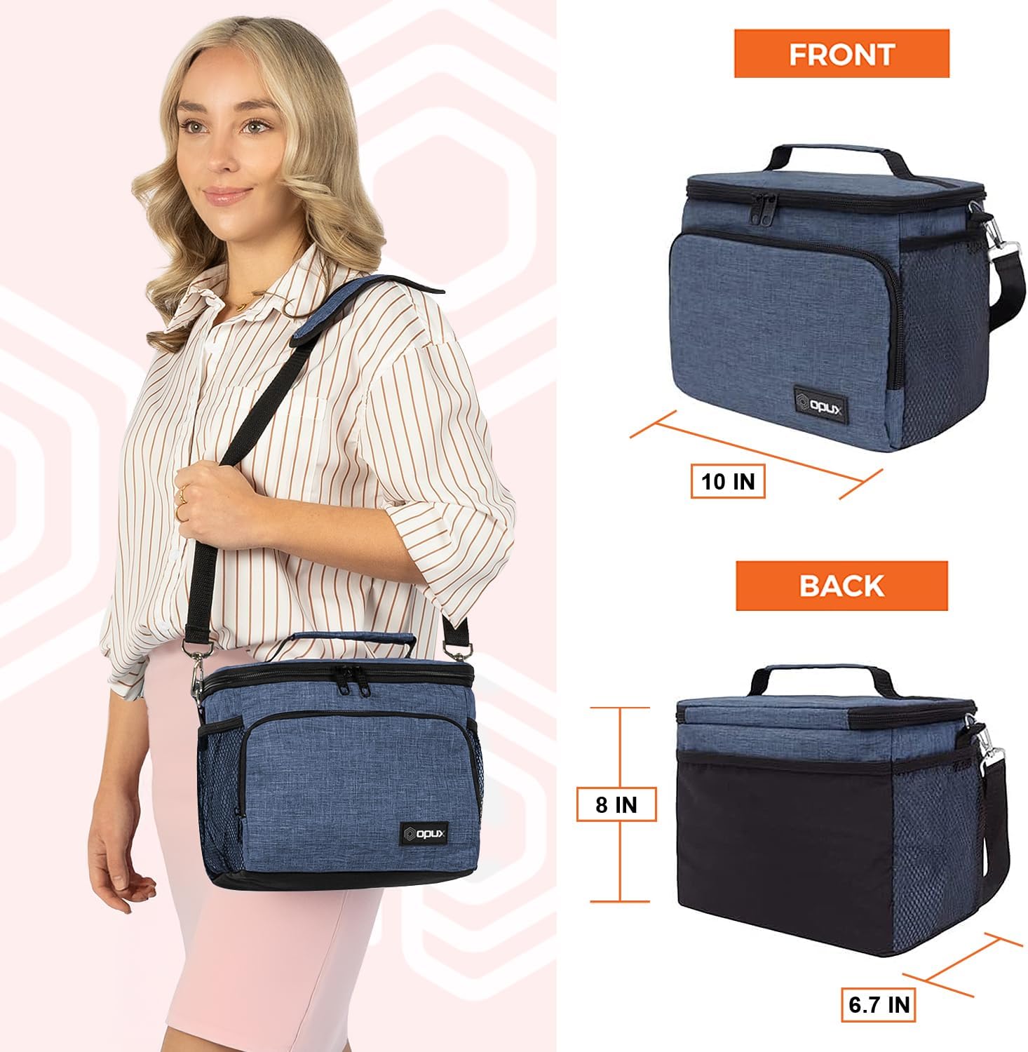 opux Insulated Lunch Bag for Men Women, Soft Lunch Box for Office Work School Picnic, Leakproof Lunch Cooler Bag with Shoulder Strap for Kid Adult Boy Girl, Medium Lunchbox Lunch Tote (Heather Navy) - Image 2