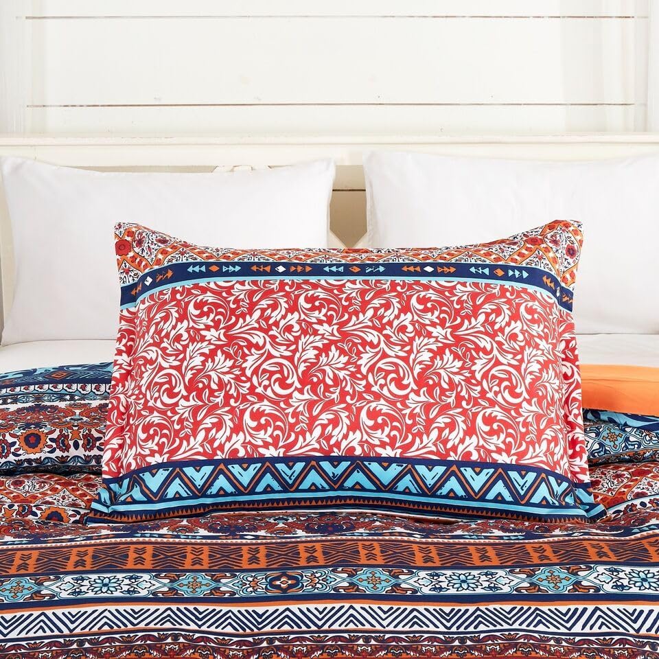 Miniatura 5 de Chezmoi Collection Shore - Juego de edredón de 3 piezas con estampado bohemio a rayas, tamaño King, medallón floral, colorido, azul marino, naranja,