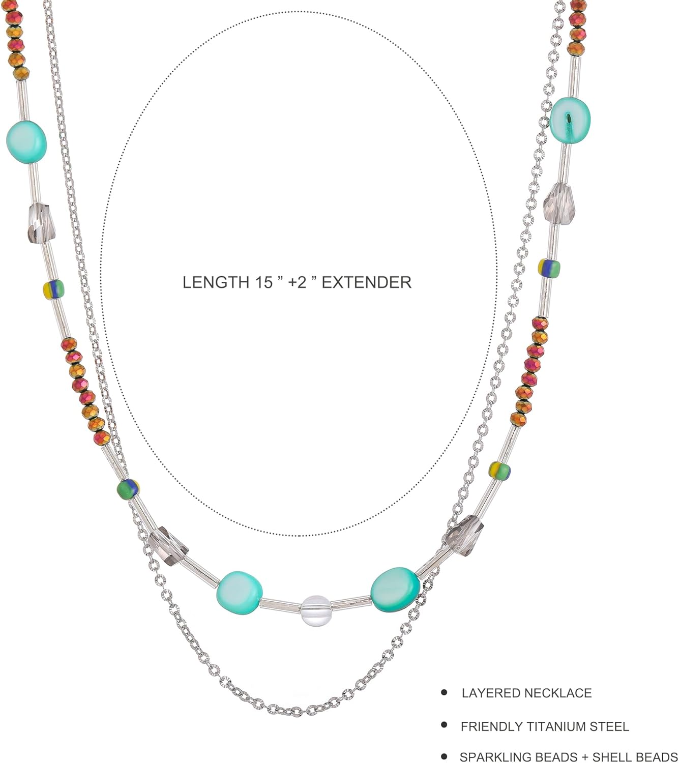 Beaded Necklace for Women Trendy, Boho Beaded Glass Silver Mixed Strand Short Necklace for Women Stacking layered necklaces Summer Beach Jewelry - Image 5