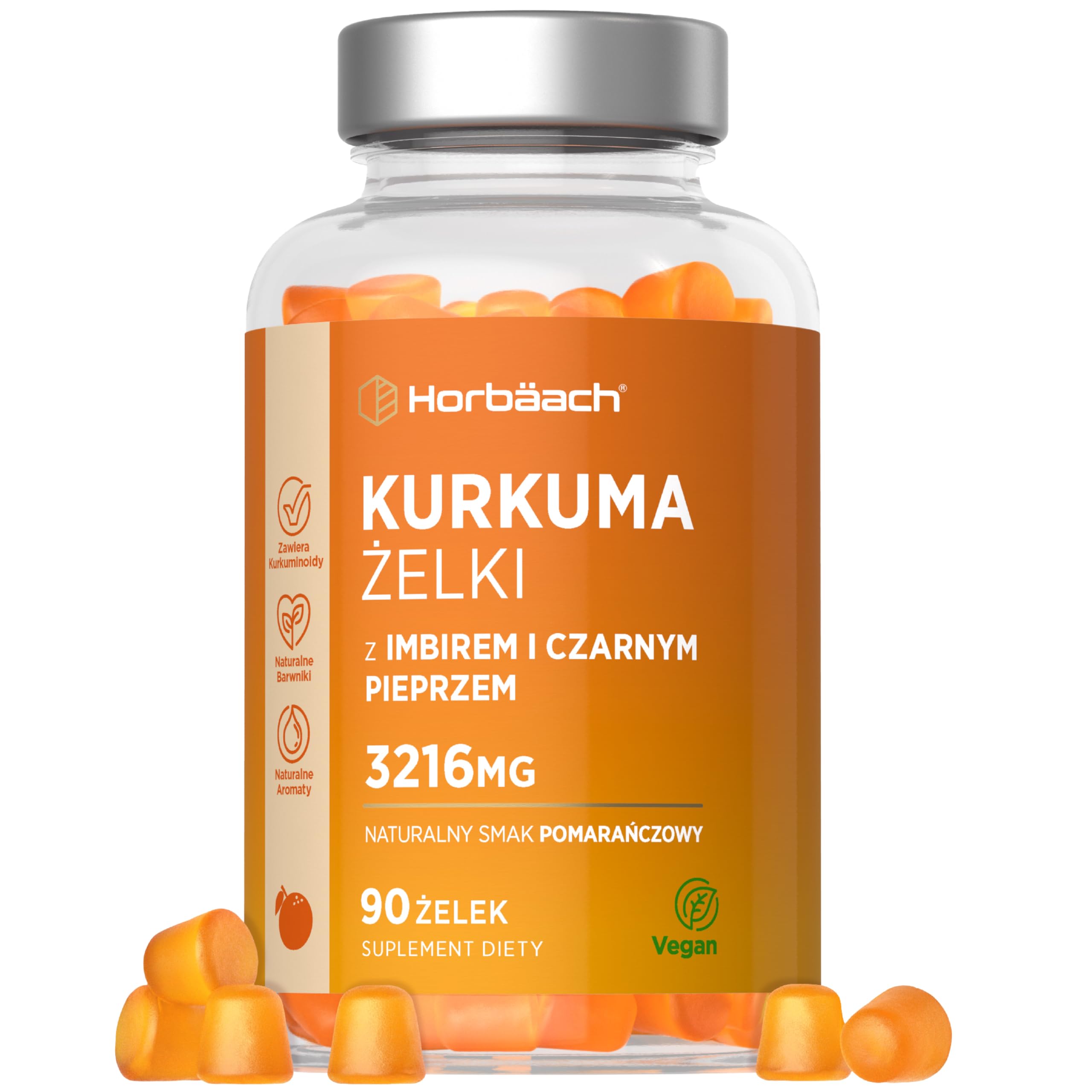 Kurkuma z Imbirem i Pipeprzem Żelki 3216mg | Pyszny Naturalny Smak Pomarańczy | Suplement z Kurkuminą o Wysokiej Mocy | 60 Wegańskich Żelków | marki Horbaach