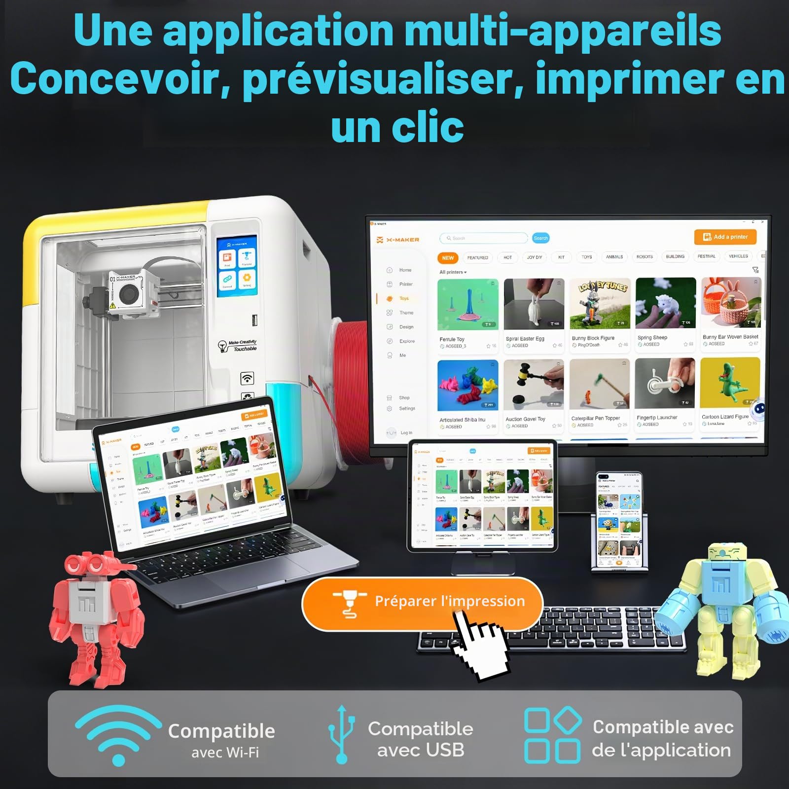 X-Maker Imprimante 3D avec Application de Conception, Grande Bibliothèque de Jouets, avec 15+ Mini Modules De Conception 3D,Imprimante 3D pour Enfants,Convient pour L'École Et La Maison, Équipé De