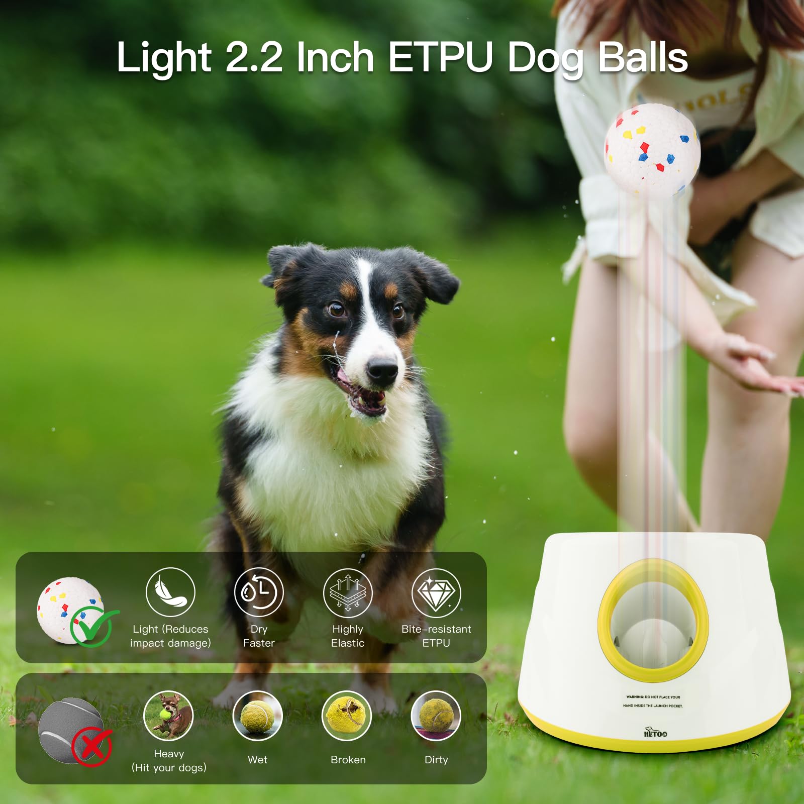 HETOO Lanzador automático de pelotas para perros: lanzador de pelotas para perros, lanzador automático de pelotas de tenis para perros, con 6 pelotas, juguetes interactivos para perros, lanzador de
