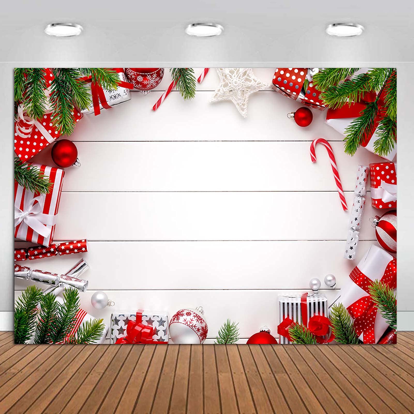Fanghui Merry Christmas Theme White Wooden Board Photography Backdrops for Winter Holiday Party 7x5ft Xmas Bells Decorations Gift Bokeh Photo