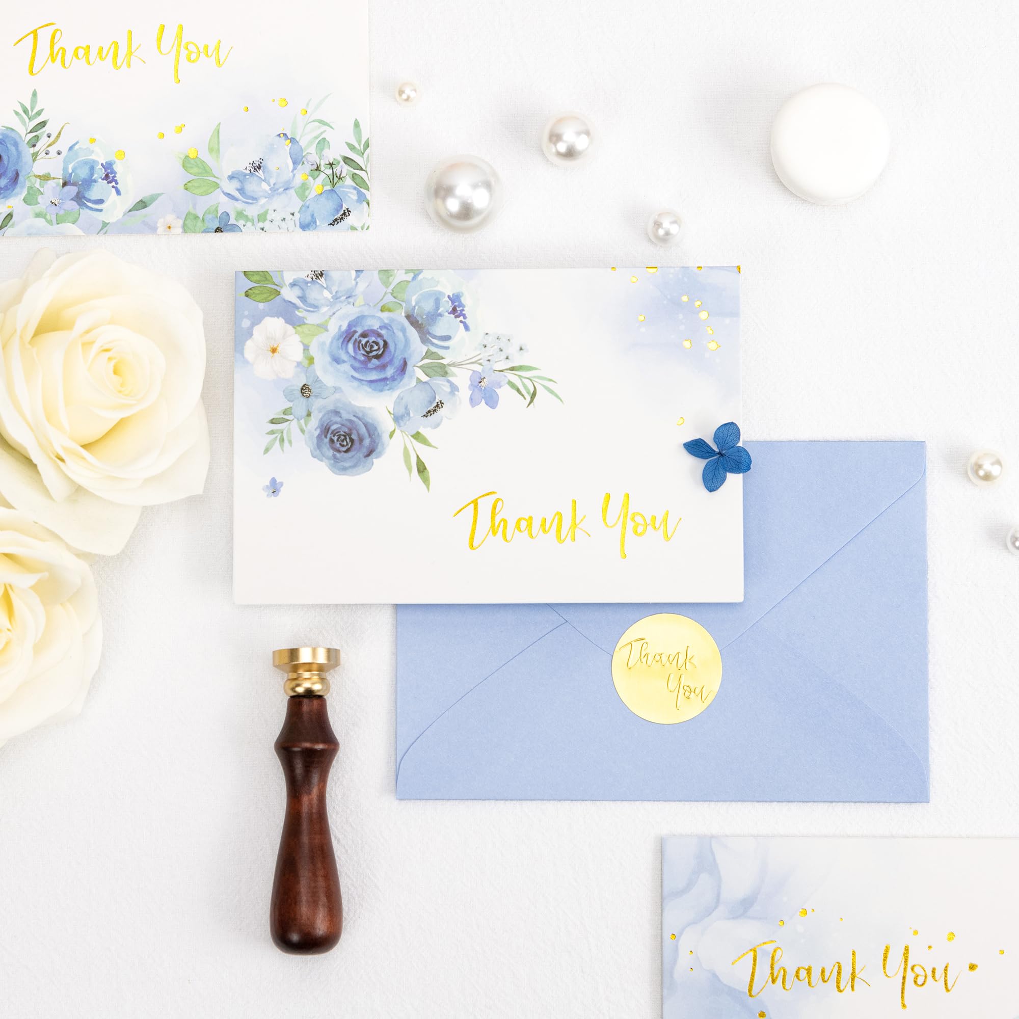 Crisky Tarjetas de agradecimiento, 4 surtidos, flores pintadas en acuarela (50 tarjetas con sobres para cumpleaños, baby shower, despedida de soltera, boda, todas las ocasiones)