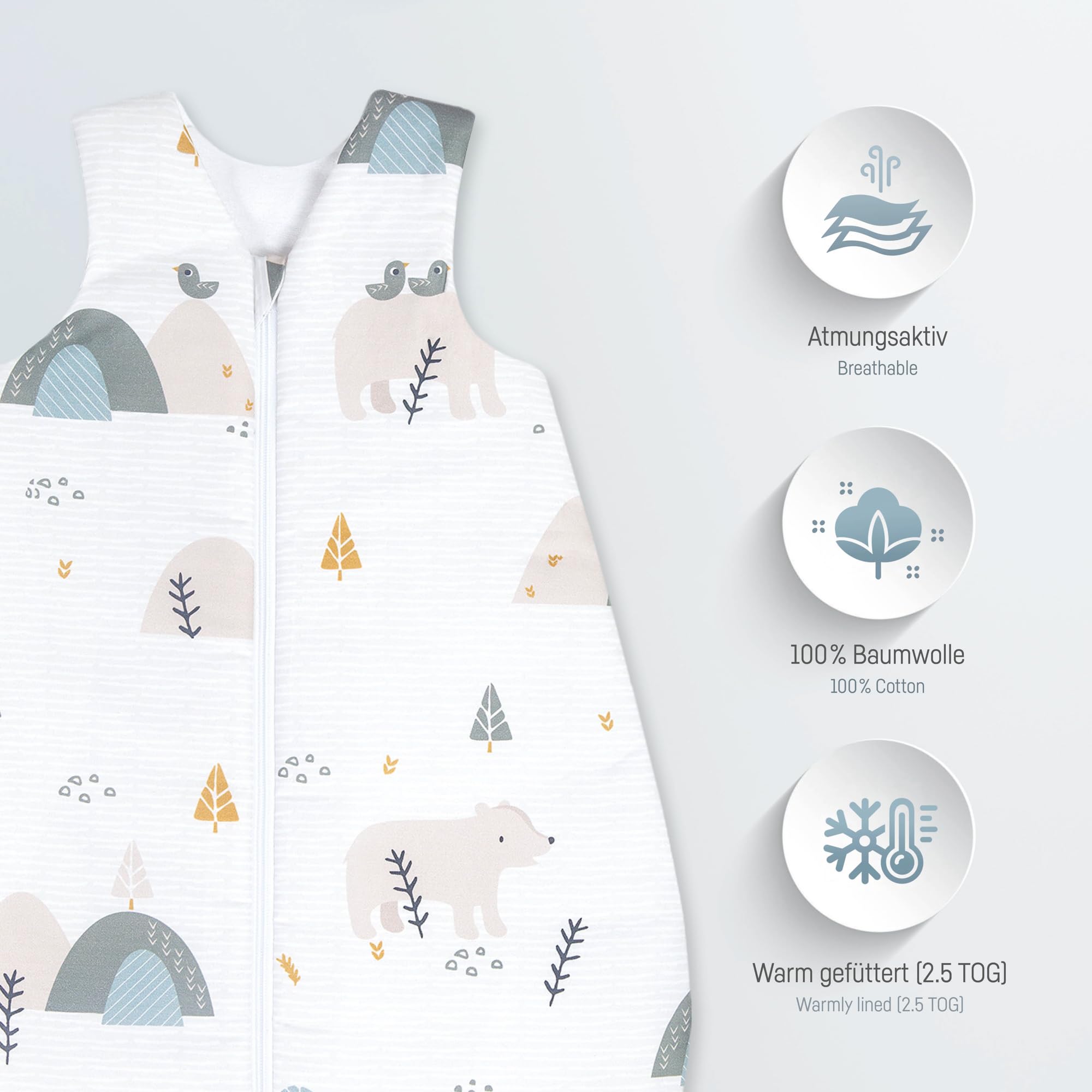 Julius Zöllner 9161010090 Mountain Bear - Saco de dormir para bebé (100% algodón, talla 110, 24-48 meses, estándar 100 by Oeko-Tex, 500 g), color blanco