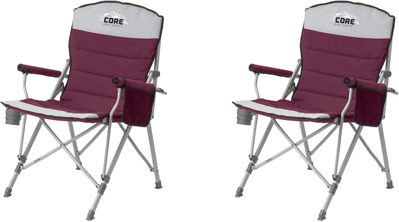 CORE Padded Foldable Arm Chair with Cupholder, Gear Pocket and Carry Bag, 300 Pound Capacity, Red and Gray (2 Pack)