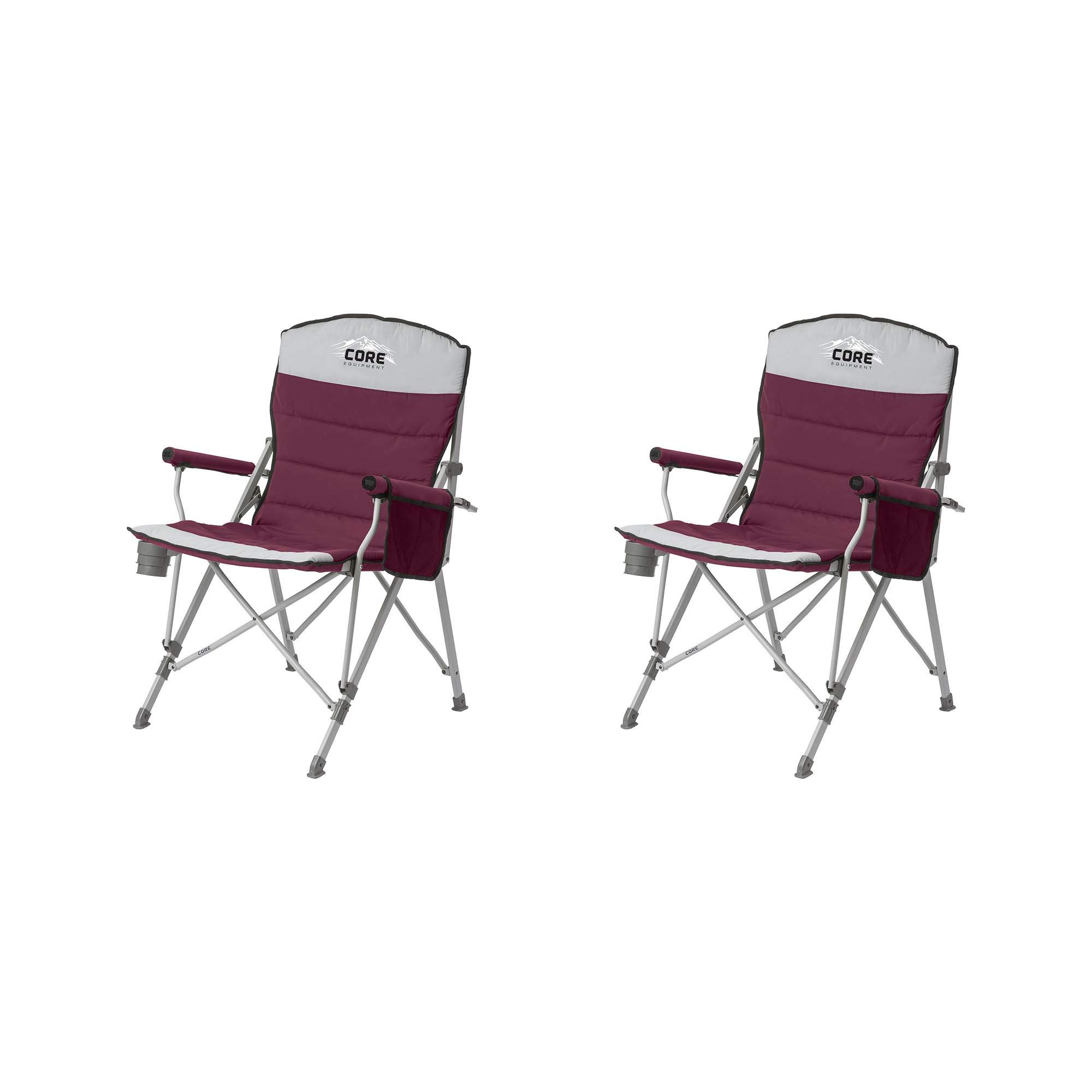 CORE Padded Foldable Arm Chair with Cupholder, Gear Pocket and Carry Bag, 300 Pound Capacity, Red and Gray (2 Pack)