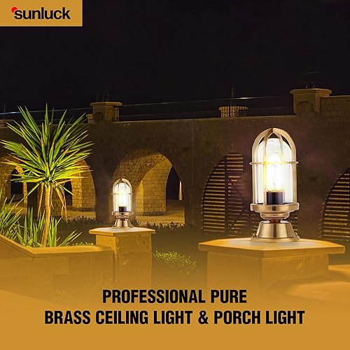 Miniatura 7 de Sunluck Lámpara de techo de latón semiempotrada, luz de poste, pantalla de jaula de latón puro, luz de porche industrial, resistente al agua IP65,