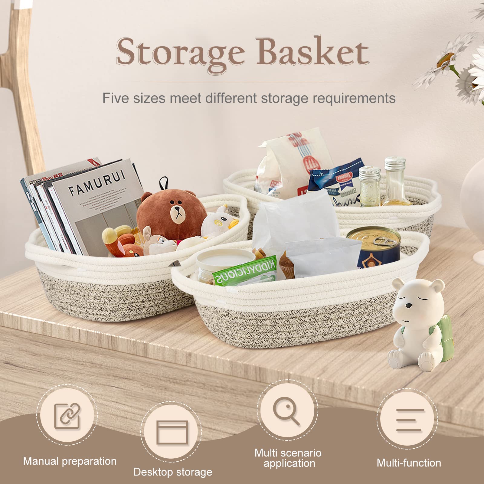Confezione Da 5 Cestini Portaoggetti Intrecciati In Corda Di Cotone – Misure Da 20 A 30 Cm, Con Manici, Perfetti Per Giocattoli, Libri E Accessori – Ecologici E Decorativi