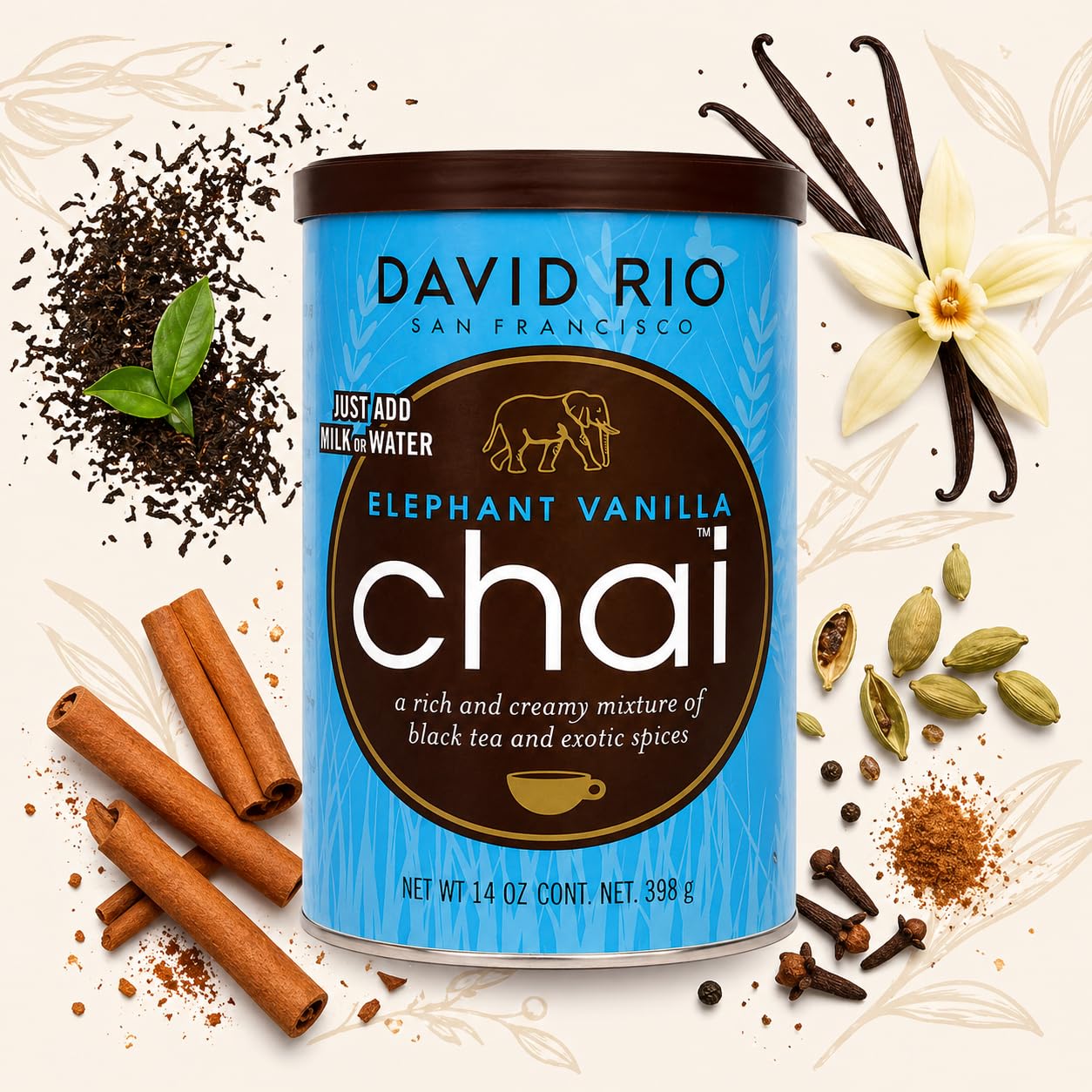 David Rio Elephant Vanilla Chai Latte 398g x2 – Té Chai Instantáneo Vainilla | Pack 2 Unidades | Bebida Soluble Premium | Sin Gluten | Chai Latte en Polvo