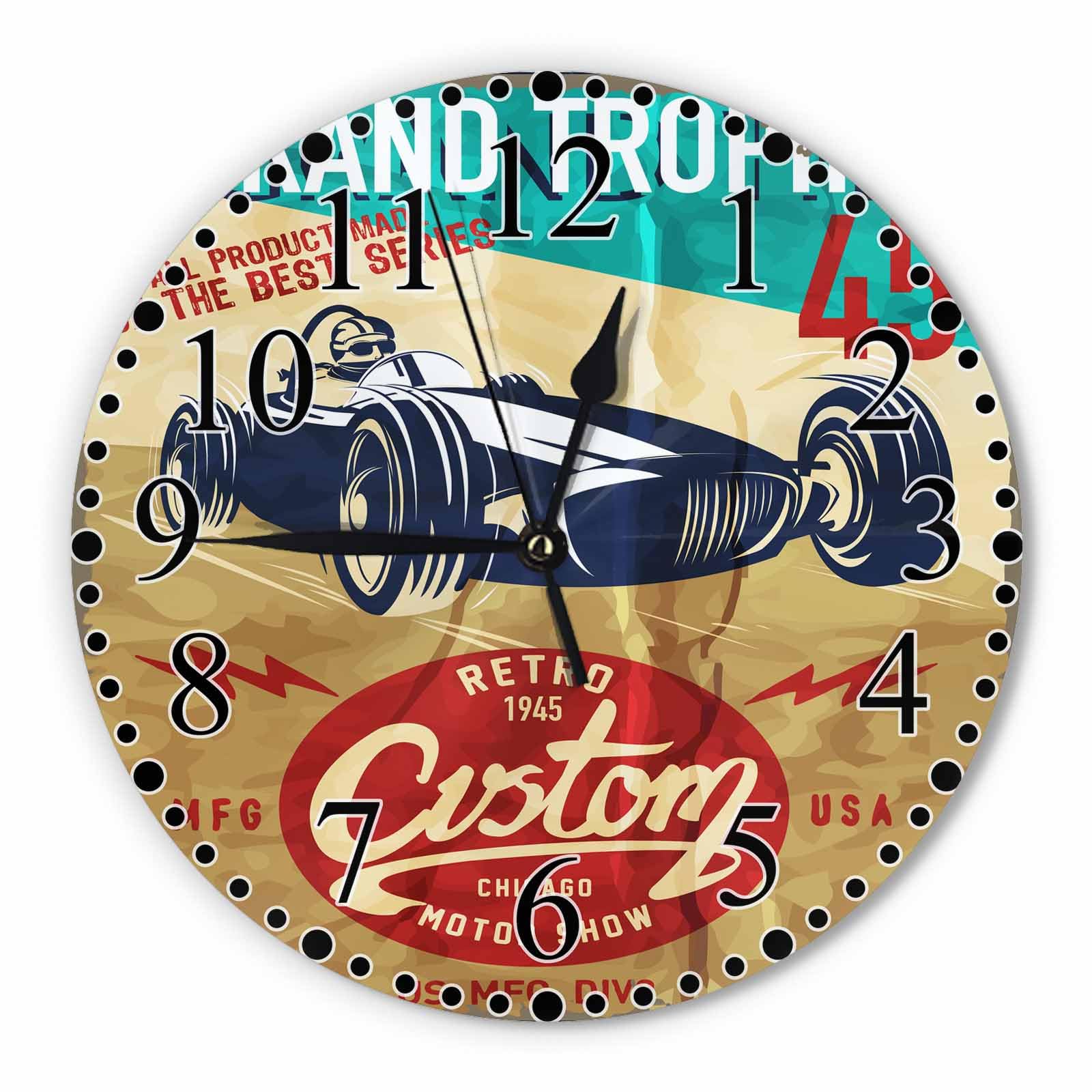 Vintage Race Car Wall Clock Printing Vector Old School Poster Clock 10 Inch Silent Non-Ticking Clocks Battery Operated for Home Living Laundry Room Kitchen Bedroom Office