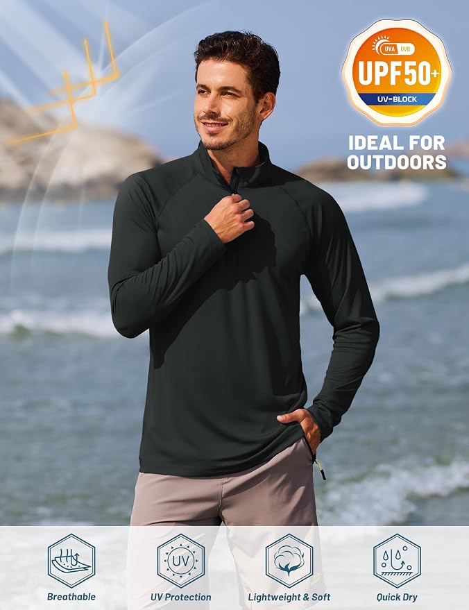 Men's Long Sleeve Athletic Shirts 1/4 Pullover Zip Sun Protection Rash Guard UPF 50+ Outdoor Running T-Shirts