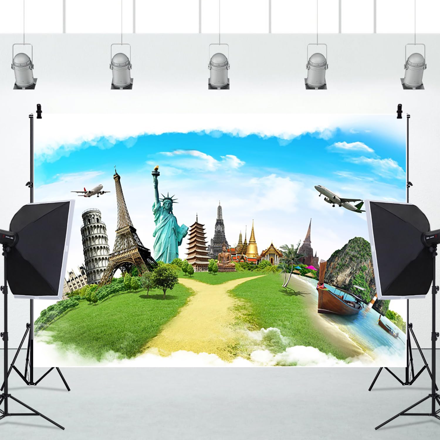 6x3m Zielony Globalny Tło Mapa Ziemi na całym świecie Słynny punkt orientacyjny Budynki Latające Świat Podróże Tło Fotografia Dzieci Dorośli Portret Photoshoot Rekwizyty