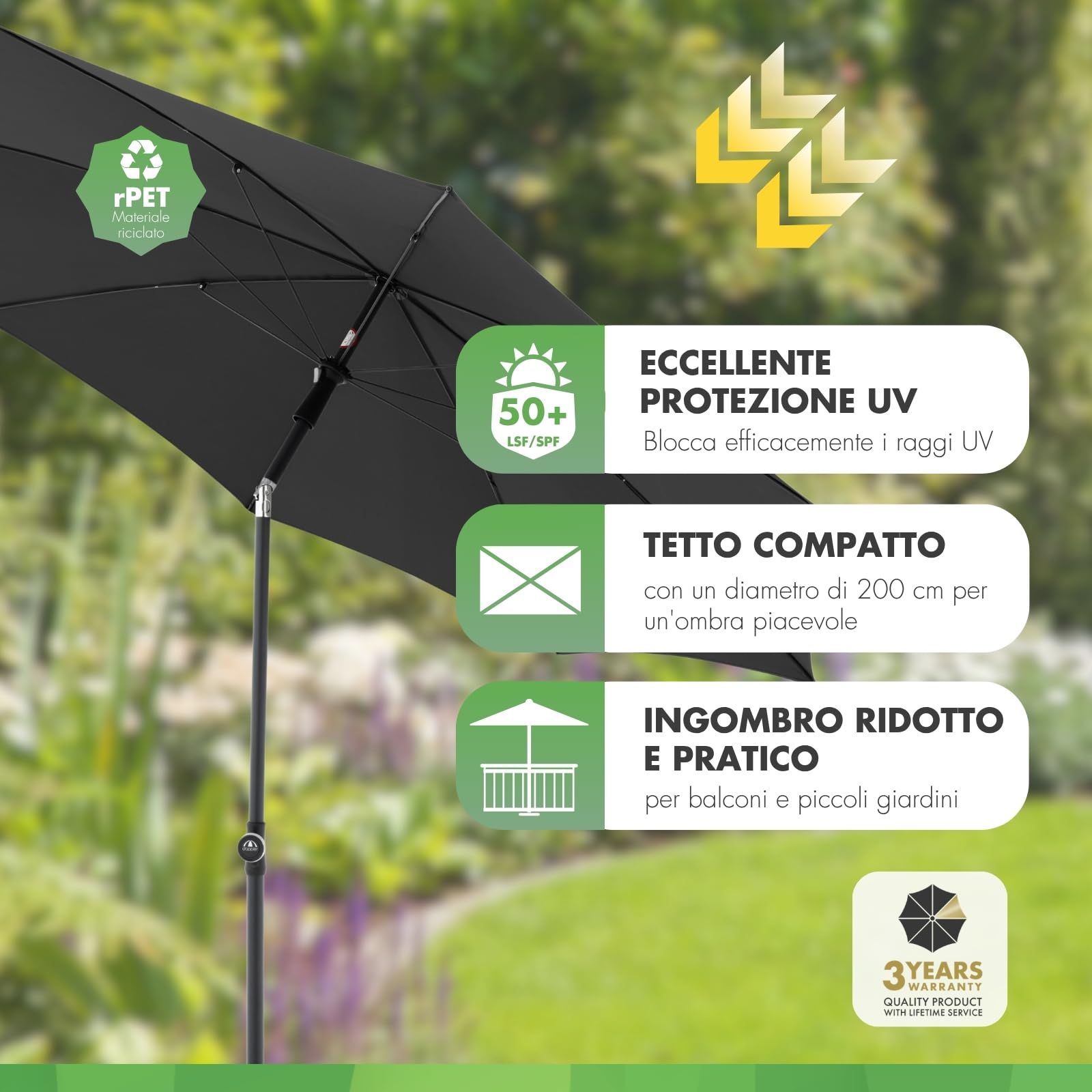 Doppler Parasole Rethink I 200 cm in antracite I rotondo inclinabile per balcone e terrazza I sostenibile I con apertura a mano I Con copertura