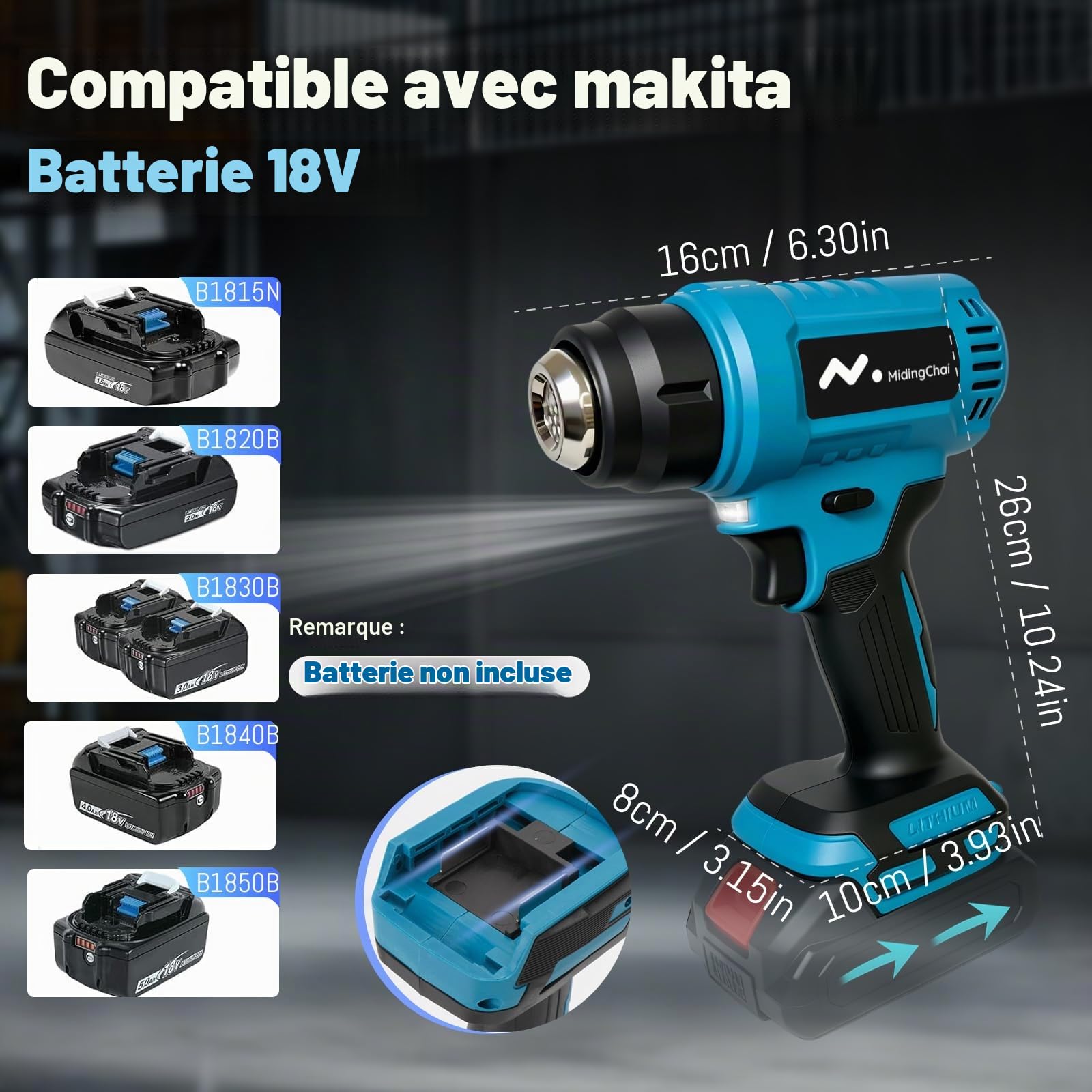 Décapeur Thermique sans Fil pour Makita 18V, Chauffage Rapide, avec 3 Buses | Souffleur Thermique, 60-540℃, Écran LCD Protection Surchauffe, pour Bricolage Gaine Thermorétractable, sans Batterie