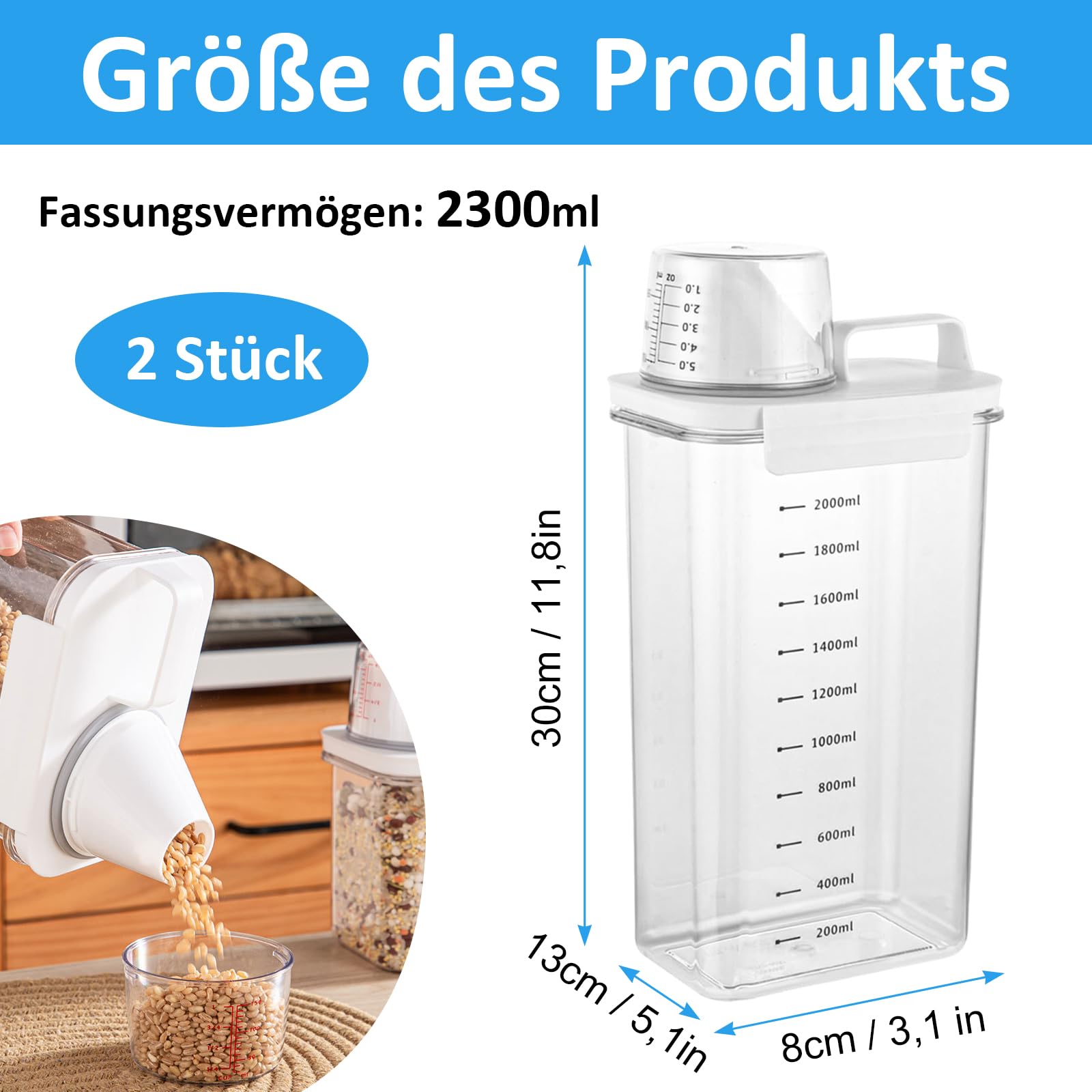 Contenitore Detersivo 2 Pezzi 2300ml: Dispenser Ermetico Con Misurino, Trasparente Per Lavanderia - Foto 7