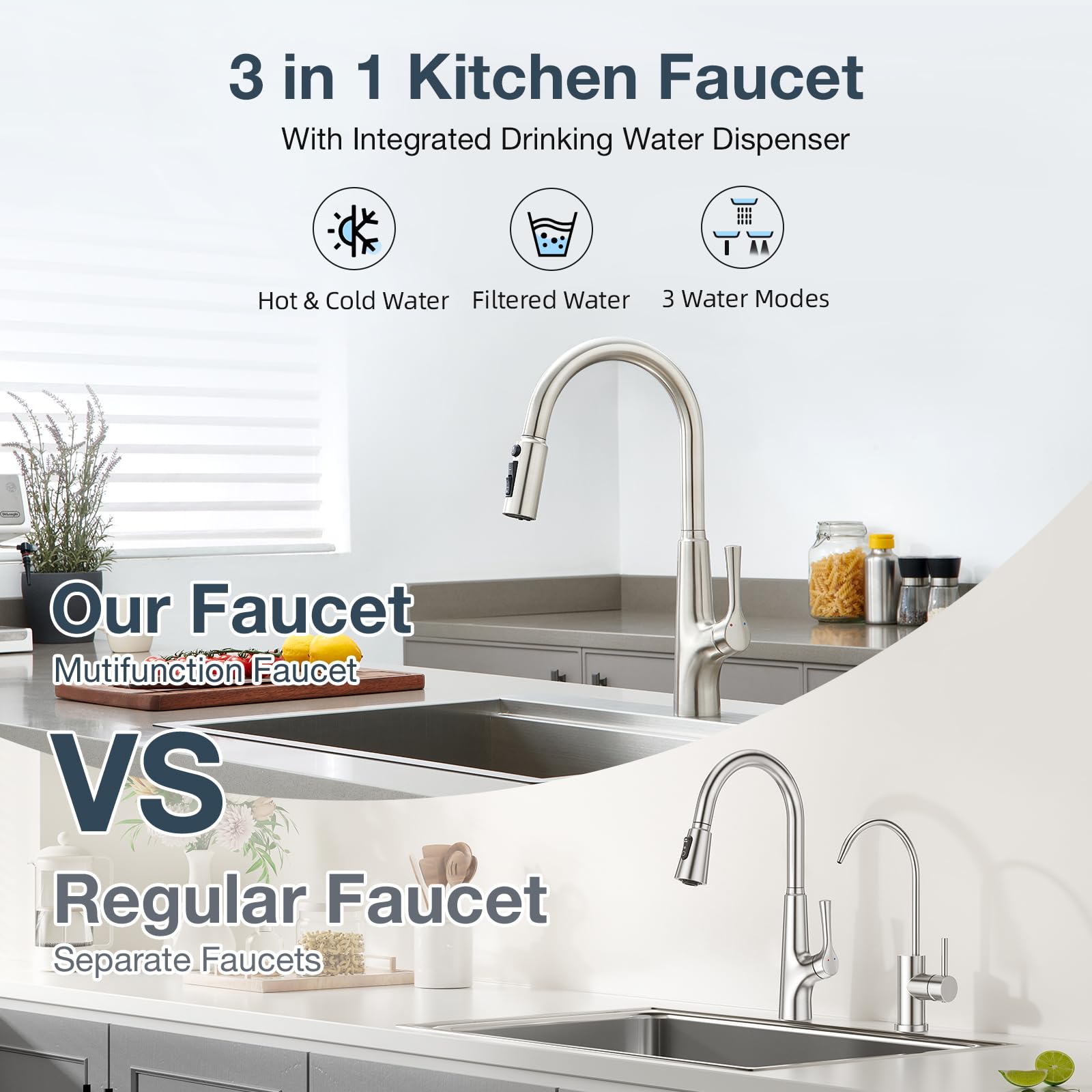 Grifo de Cocina de 3 Vías para Fregadero con Ducha Extensible, Mezclador Monomando para Filtro de Agua Potable o Sistemas de Ósmosis, cepillado