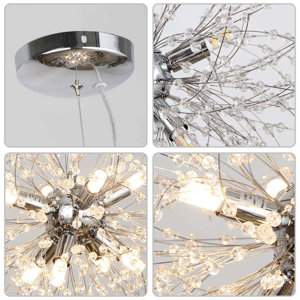 LynPon Lampadario Camera da Letto Moderno Luxury Soggiorno Sputnik 8 Luci Lampadari a Sospensione Cromato Argento del Fuoco D'artificio per Salotto, Cucina, Sala, Diametro 15,7''