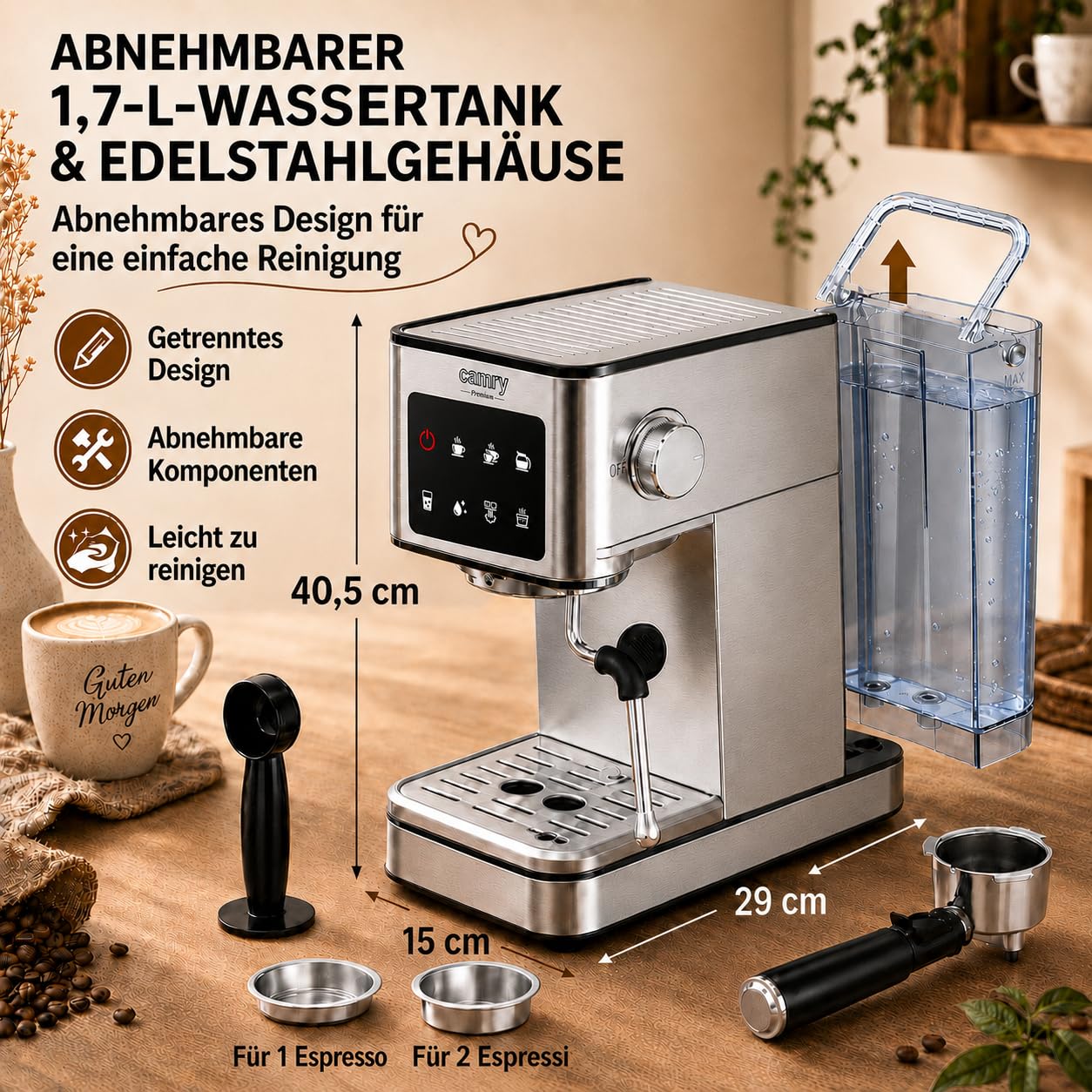 CAMRY CR 4389 Espressomaschine 7-in-1 – Milchaufschäumer, 1,7-l-Wassertank