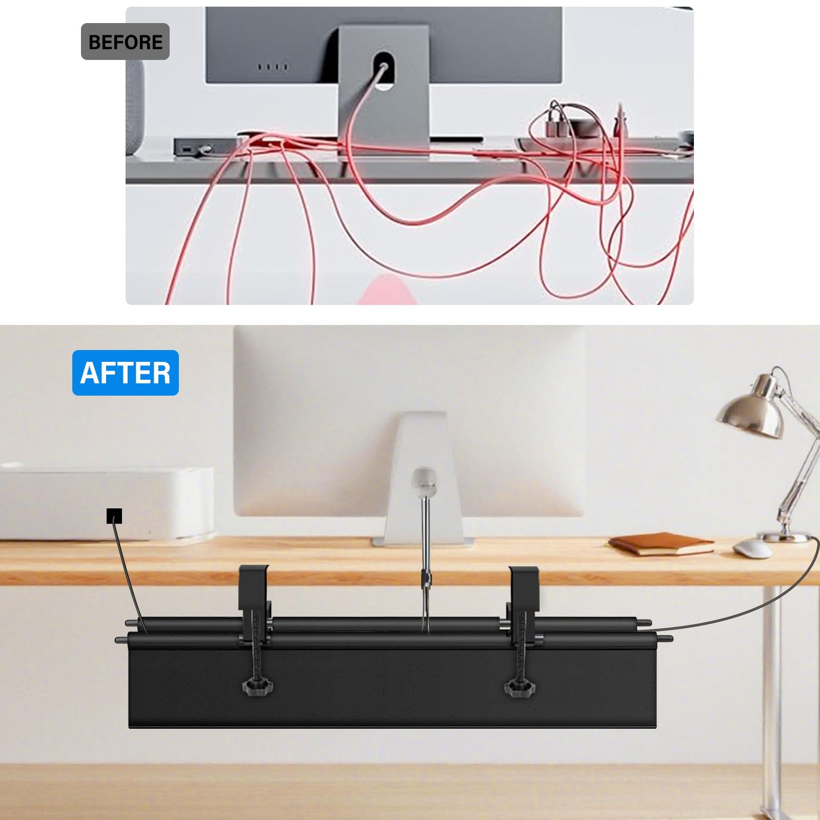 Kabelkanal Schreibtisch Schwarz, 70cm Ohne Bohren Kabelmanagement Schreibtisch Fexibel Oganizer, Klemmen/Schraubmontage, Stabiles Wasserfestes Kabeltray für Büro und Zuhause