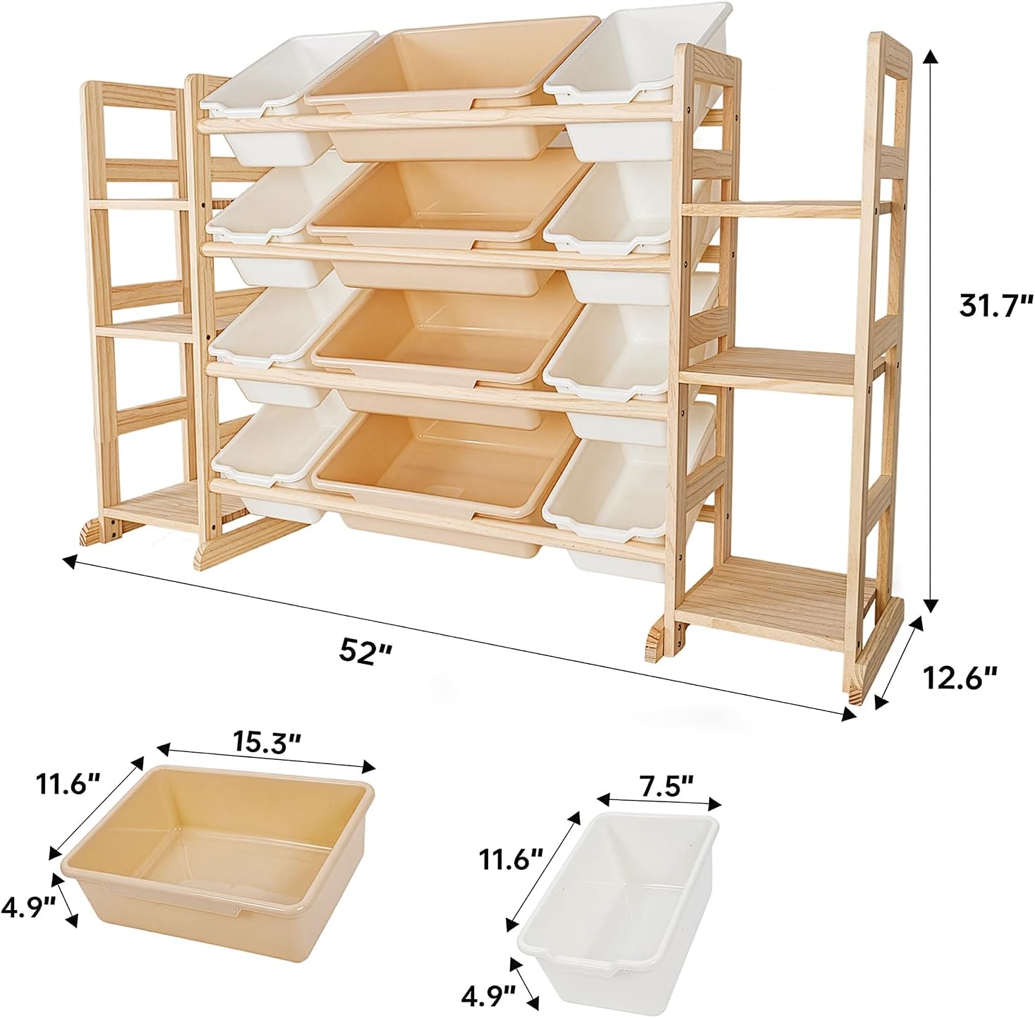 Kids Toy Storage Organizer, 52" W White 6-Shelf Bookcase with 12 Bins, Cubby Unit for Toddler Playroom & Bedroom Organization - Image 3