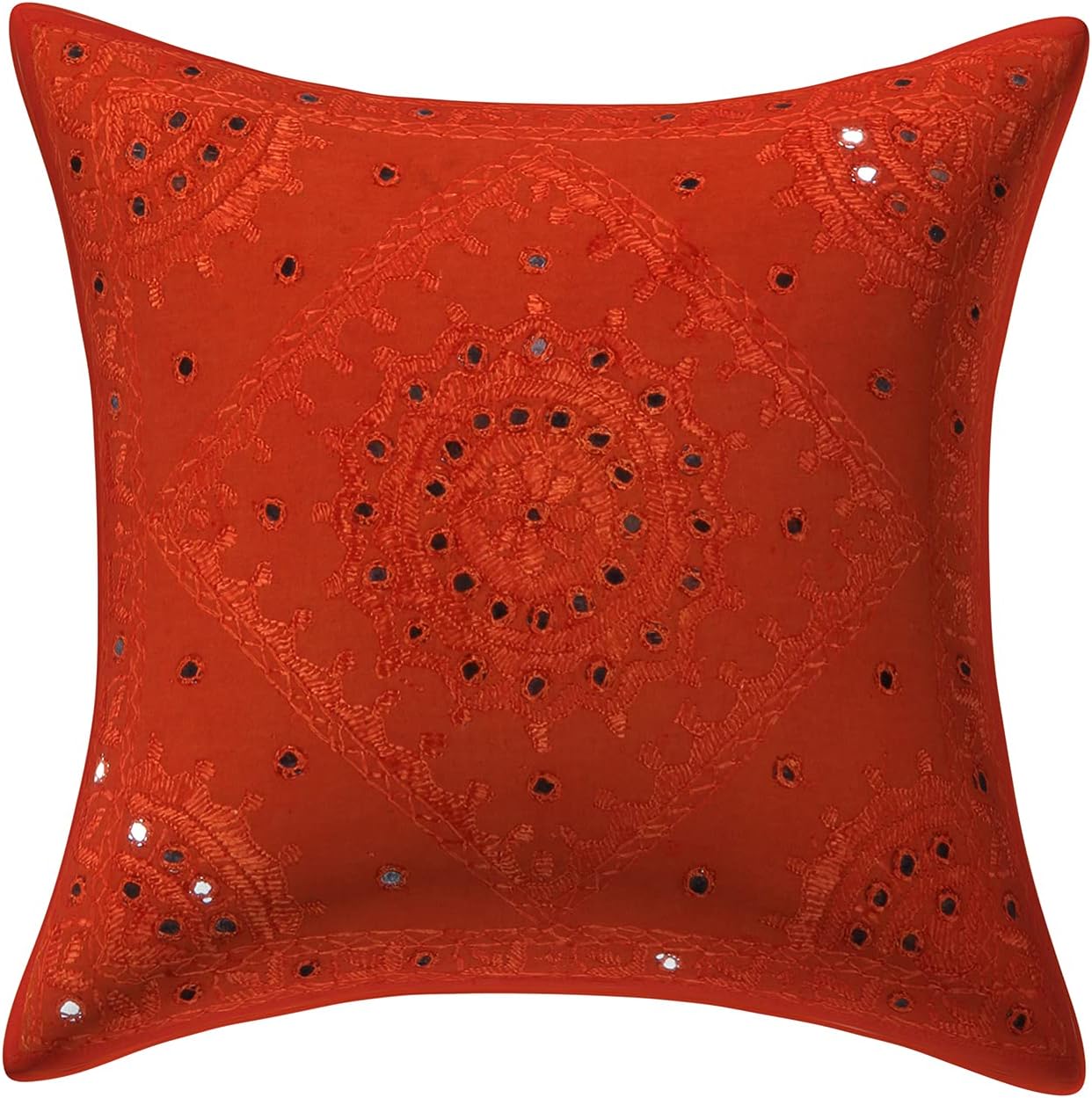 Ethnic Decorative Couch Throw Pillow Covers 16 Inch Cotton Embroidered Mirrored Boho Square Toss Cushion Covers (Size - 40x40 cm ; Color: Orange) - Set of 4 Pcs (Cover Only)